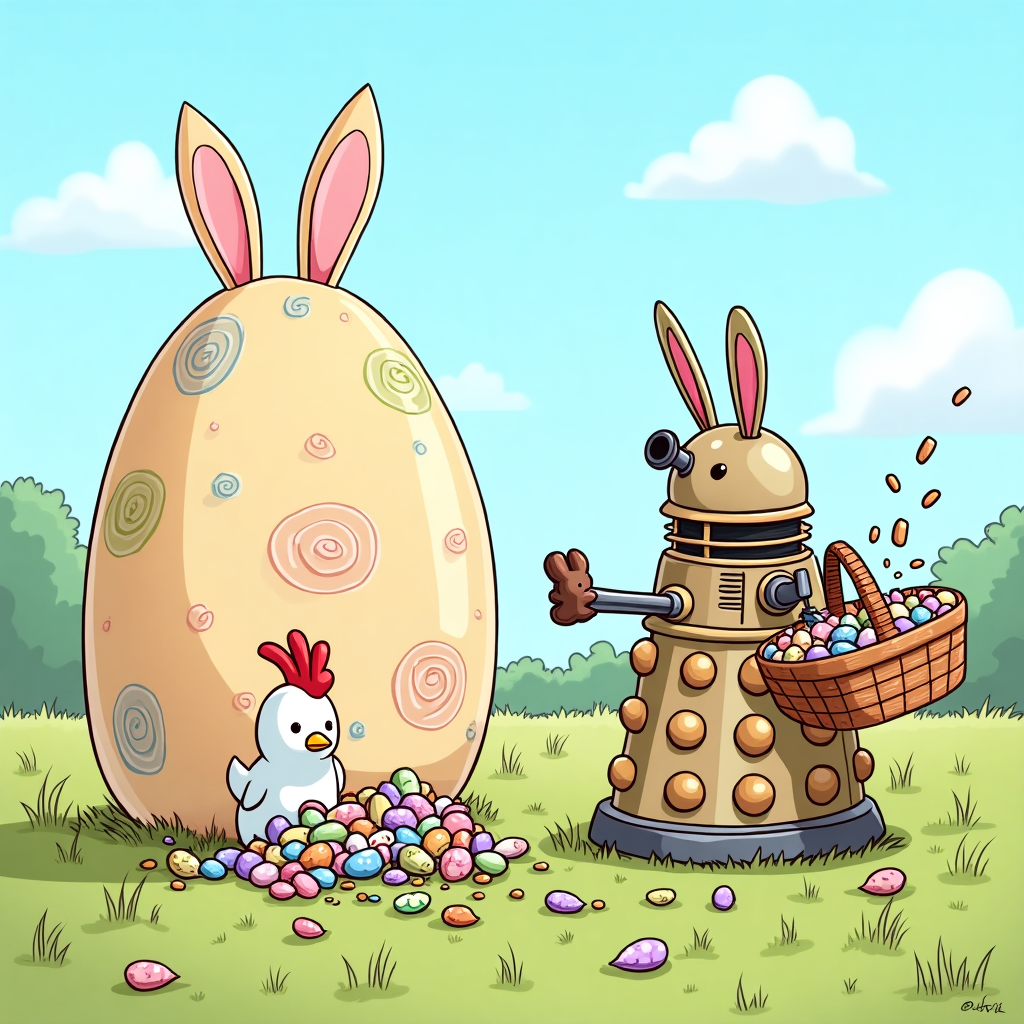 **Prompt:**  
At the top of the illustration image, *Egg-sterminate the Chocolates, Clare & Family!*

An illustration in a playful, cartoon style featuring a whimsical Easter crossover scene: The TARDIS is painted like a giant decorated Easter egg, complete with pastel swirls and bunny ears poking from the roof. A slightly grumpy-looking Dalek, also decorated with pastel polka dots and bunny ears taped on, is awkwardly holding an overflowing Easter basket in one plunger arm and an unwrapped chocolate bunny in the other. Behind them, a trail of crushed Easter eggs hints at the Dalek's enthusiastic — but disastrous — hunt. In the background, happy Time Lord chickens wearing tiny fezzes peck around Gallifreyan patterned eggs scattered on a sunny grassy field. The scene radiates chaos, cheer, and candy-fueled timey-wimey nonsense.
Generated with these themes: Tardis with Dalek at Easter time.
Made with ❤️ by AI.