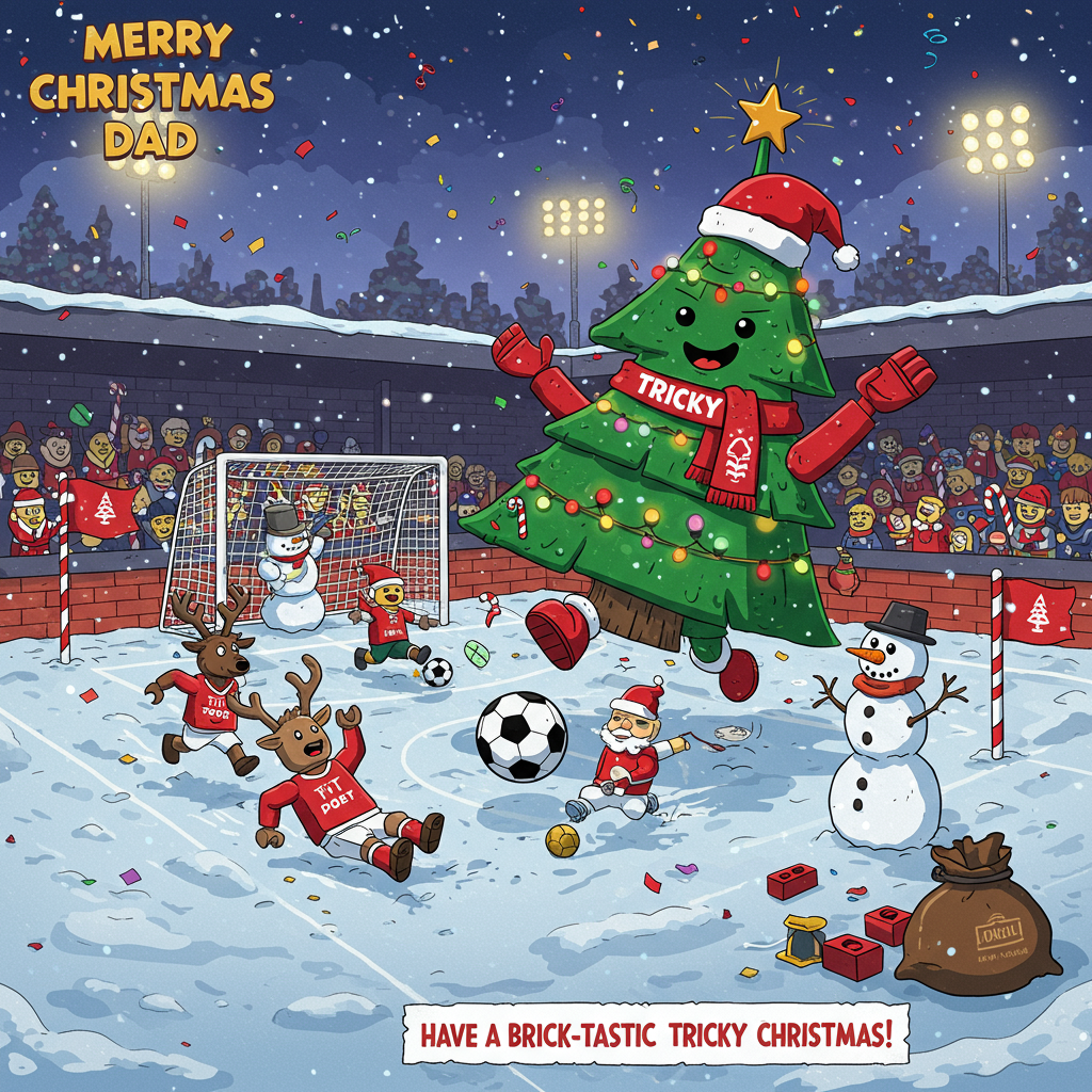At the top of the Cartoon Style image, Merry Christmas Dad!
A bright, playful cartoon winter scene at a brick-built football pitch: a giant, cheeky “Tricky Tree” Christmas tree made from Lego-style bricks and fairy lights is the star striker, in a Forest-red scarf and Santa hat, doing keepy-uppies with a shiny bauble-football. Exaggerated, bouncy proportions, thick black outlines, and saturated colors (Forest reds, evergreen, snowy whites, gold). Lego-like minifig players in classic Nottingham Forest-inspired red kits with white trim slip and slide comically on the snowy pitch; one reindeer-striker skids past a snowman goalkeeper with carrot nose and glove saves. Candy-cane corner flags, blocky goalposts, and stands built from toy bricks packed with lively brick-fans waving little red-and-green pennants with stylized tree icons. Santa as the animated ref blowing a whistle shaped like a tiny brick; a bag of loose bricks has tumbled near the touchline. Twinkly floodlights, dusk sky, gentle swirling snow, and confetti add motion and festive sparkle. Clean, bold shading, expressive faces, and dynamic, energetic poses throughout.
Include a small, funny text caption on a pitch-side banner in chunky block letters: “Have a brick-tastic Tricky Christmas!”
Generated with these themes: Nottingham Forest football, Tricky tree, Lego, and .
Made with ❤️ by AI.