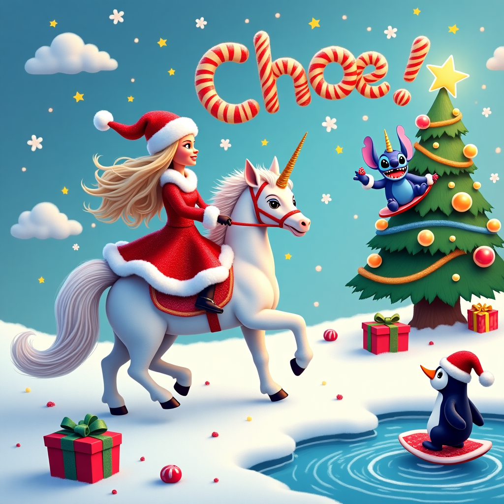 In a vibrant, whimsical winter wonderland, Santa Barbie, adorned in a glittering red and white Santa suit with a chic twist of sparkles and sequins, is gallantly riding a majestic unicorn. The unicorn is a vision of pastel perfection, with a shimmering silver mane flowing like a cascade of dreams, and its horn twinkles with a kaleidoscope of colors as if it’s made from a rainbow. Santa Barbie holds the reins elegantly with one hand, while her other hand waves a magic candy cane like a wand. Behind them, in playful pursuit, are Lilo and Stitch. Lilo, in her iconic Hawaiian dress modified with festive snowflake patterns, is perched on a surfboard made from a giant candy cane, gliding smoothly over the snow. Stitch, clad in a tiny Santa hat and scarf, is balancing precariously on Lilo's shoulders, holding a bunch of baubles and tinsel as if they’re about to decorate the entire scene.

The background is a cheerful flurry of snowflakes, dancing around like tiny ballerinas. To the right, there's a comically over-sized Christmas tree, with each bauble reflecting a different comic-strip panel featuring their antics. The sky above is a soft twilight hue, with clouds shaped like whimsical characters. High above, twinkling stars are orchestrated to spell out "Chloe," each letter adorned with tiny, glittering ornaments, making the whole name glow softly like a constellation. Scattered throughout the snowy foreground are gift boxes wrapped in vivid, cartoonish colors, some open to reveal quirky toys and playful surprises.

At the bottom of the scene, a friendly penguin wearing earmuffs skates across a frozen pond, drawing intricate patterns that include little hearts and stars, mirroring the chaotic yet joyful scene above. The entire tableau captures a unique fusion of holiday cheer and cartoonish adventure, ready to delight anyone who lays eyes on it, especially Chloe.
Generated with these themes: Santa Barbie riding a unicorn with Lilo and Stich on their trail.
Made with ❤️ by AI.