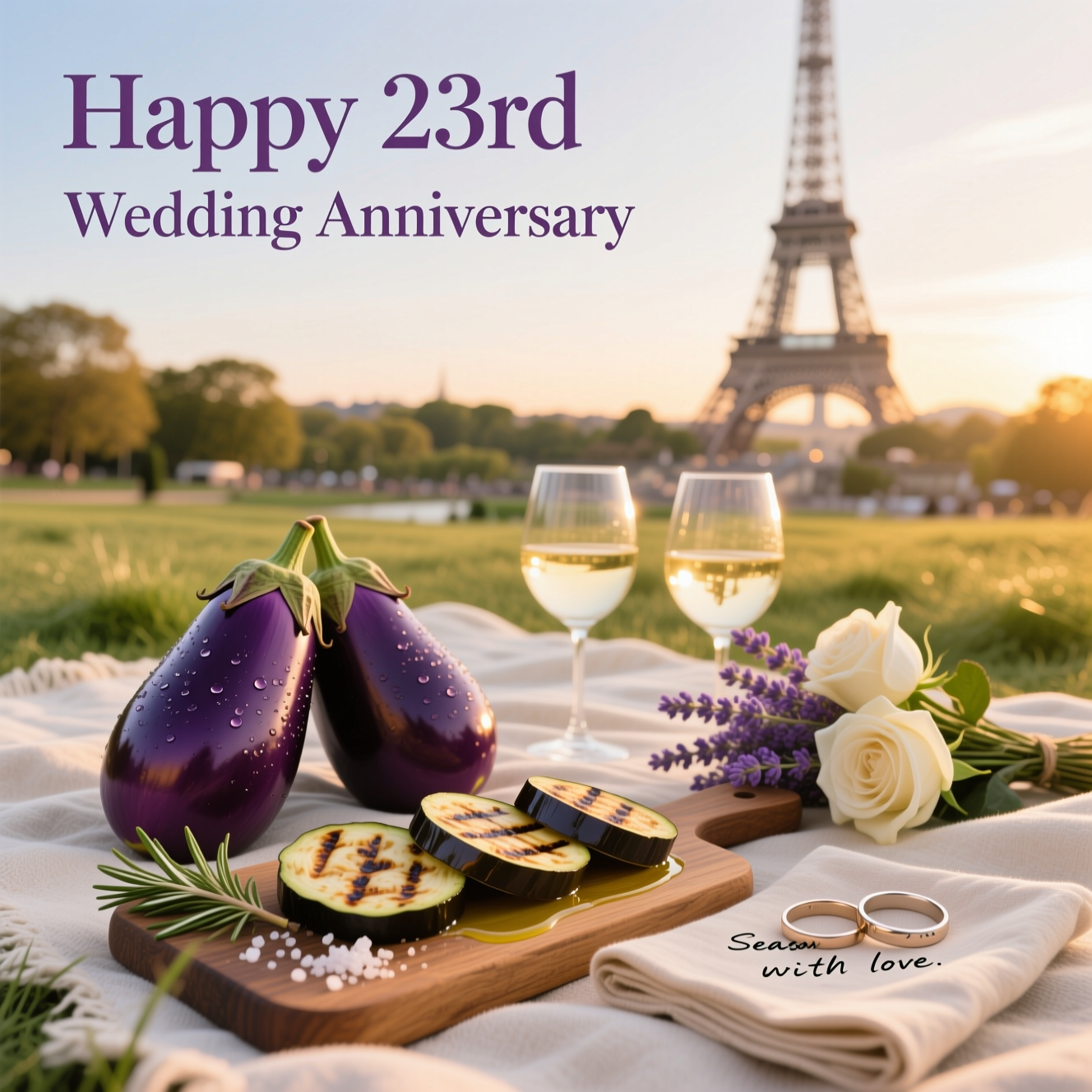 At the top of the Photorealistic picture taken from a camera image, Happy 23rd Wedding Anniversary

Ultra-high-definition 4K UHD, true-to-life photograph at golden hour on the Champ de Mars, Paris. Low-angle shot framed to leave soft open sky for the title, with the Eiffel Tower rising in gentle bokeh in the background. In the crisp, foreground focus on a cream linen picnic blanket: two glossy aubergines (eggplants) with tiny dew droplets beading on their deep purple skin; a rustic wooden board with tender, grilled aubergine slices showing delicate char marks and a drizzle of olive oil, scattered sea salt and a sprig of rosemary; two elegant wine glasses catching warm sunset reflections; a small bouquet of lavender and ivory roses; and two simple wedding bands resting on a folded linen napkin. Warm, accurate natural lighting, lifelike textures on the aubergines, wood grain, fabric weave, and grass blades; rich depth of field with the Eiffel Tower softly blurred yet clearly recognizable. Composition guided by the rule of thirds: aubergines and rings in the lower-left third, Eiffel Tower in the upper-right third. Color palette: aubergine purples, creamy linen, sunlit golds, and fresh spring greens for a sincere, romantic mood. Subtle vignetting, true-to-life color grading, no heavy filters. Shot on a full-frame camera with a 50mm prime lens, f/2.2, ISO 200, 1/400s, producing natural bokeh and delicate highlights.

Small text on a kraft tag near the cutting board, in a light, handwritten script: “Seasoned with love.”
Generated with these themes: Eiffel tower, aubergines, and .
Made with ❤️ by AI.