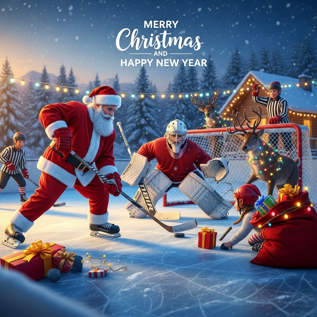 Santa, Hockey, Funny, Christmas, Reindeer, Gifts, and Christmas Card
