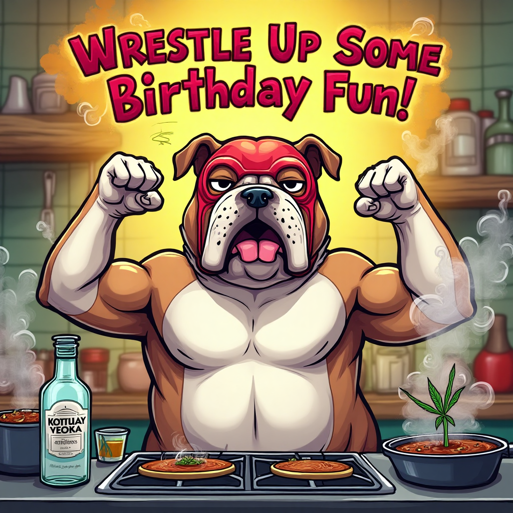 **Image Prompt:**

Imagine a playful cartoon scene bursting with vibrant colors and whimsical antics. In the center, an American bulldog with a goofy expression dons a wrestling mask, flexing its muscles as if ready to take on the world. Its exaggerated proportions make it look comically muscular yet adorably silly.

Surrounding the bulldog is a chaotic, fun kitchen scene. On one side, a bottle of vodka tips precariously, almost as if it’s going to fall into a pot of simmering stew. On the other side, a cloud of smoke puffs up from a pan, hinting at the mischievous addition of a tiny, cheeky cartoon weed plant peeking out from behind the stove with a knowing wink.

The background is a vibrant burst of colorful kitchen tiles and bright utensils, with playful steam swirls dancing in the air. Above this delightful mayhem, a single line of text in bold, cartoonish font reads:

“Wrestle Up Some Birthday Fun!”

The entire scene is brimming with energy, humor, and the perfect dash of birthday chaos!
Generated with these themes: Vodka, American bulldog , Wrestling , Weed, Cooking, and .
Made with ❤️ by AI.