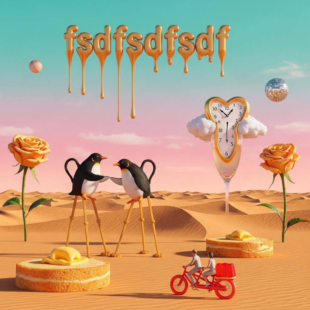 At the top of the Surreal Style image, the text **"fsdfsdfsdf"** appears in floating, melting golden letters that drip upward into the sky.  

A dreamlike, Dali-inspired anniversary scene: a vast desert made of swirling sponge cake dunes under a pink-and-aqua sky, where two giant teapots shaped like penguins slow-dance on stilts made of spaghetti. In the distance, a clock shaped like a heart is melting over the edge of a giant champagne flute filled with clouds. Oversized roses sprout from the sand, their petals made of shiny buttered toast, and a pair of tiny humans ride past on a tandem bicycle made entirely of jelly. The lighting is warm and ethereal, with long impossible shadows stretching toward a floating moon that’s also a disco ball. The mood is whimsical, romantic, and absurdly funny.  
Generated with these themes: Ffff, and .
Made with ❤️ by AI.