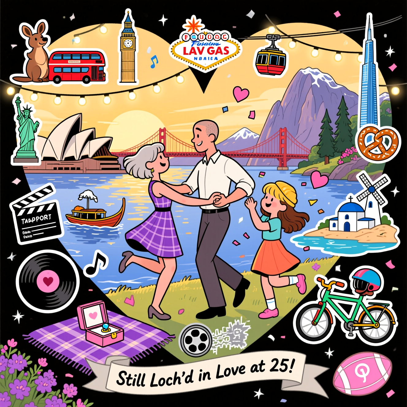 25th wedding anniversary, I am short thin with ash blond bob, husband is tall slender with short shaven head. proposed Loch Lomond, 1st dance Al Greens let’s stay together, Honeymoon Australia, lived in London and Reading, Holidays to Thailand, New York, Vegas, San Francisco, Yosemite, Dubai, Bavaria, Kos, Love music, film, cycling, women’s rugby, , Have 2 teenage daughters, one blond one brunette, and Anniversary Card