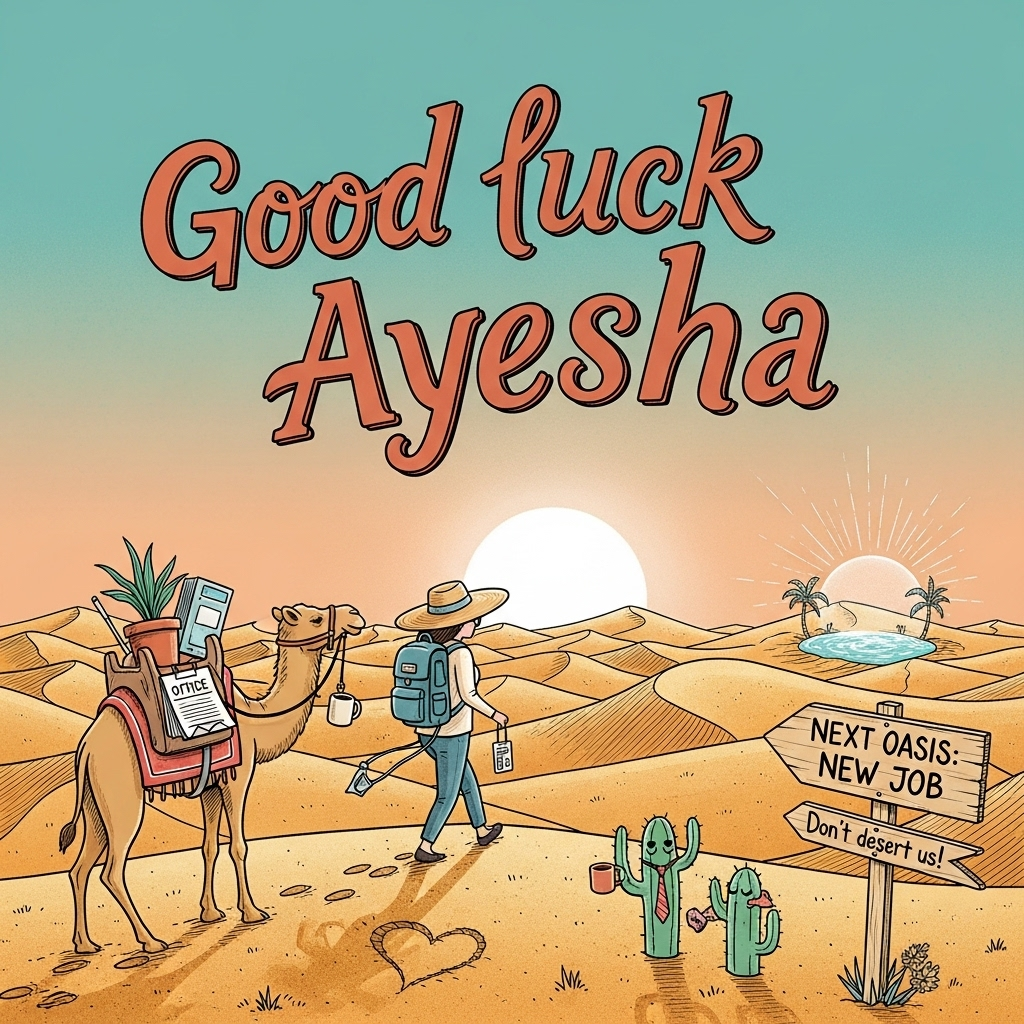 At the top of the Illustration Style image, "Good luck Ayesha"

Hand-drawn illustration with fine linework and textured brush strokes, balanced composition, and a warm, expressive color palette. Scene: a funny, affectionate desert send-off. Rolling golden dunes under a glowing sun; big open teal-to-apricot sky, horizon on the lower third. In the mid-ground, Ayesha strides along a dune ridge wearing an oversized sunhat and sunglasses, a small backpack with a dangling office lanyard; her footprints trail behind and subtly curve into a heart before the wind scatters them. A friendly camel plods after her, comically loaded with office relics (a potted plant, a stapler, a coffee mug dangling by its handle). Two cacti shaped like coworkers wave—one with a tiny tie, one holding a tiny mug. A wooden signpost points toward a shimmering oasis with tiny palm silhouettes and reads “Next Oasis: New Job.” Include one small extra line of text on a ribbon tied to the signpost: Don’t desert us! Lettering: “Good luck Ayesha” hand-lettered playfully across the sky in warm terracotta with a soft sun-bleached texture and a subtle drop shadow for legibility. Lighting: late-afternoon warmth, gentle heat haze, long friendly shadows; sand rendered with dry-brush texture and fine ink hatching. Overall mood: funny, light-hearted, and optimistic; large image focus with minimal, integrated text.
Generated with these themes: Desert walking sun sand, and .
Made with ❤️ by AI.