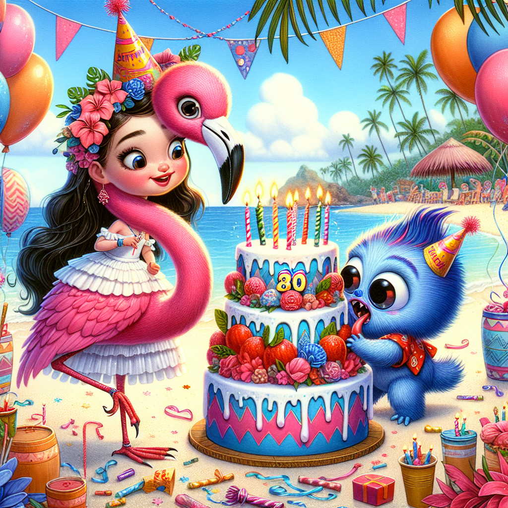 A delightful birthday-themed illustration setting the stage for a jovial scene. A flamingo adorned in a pink hue stands among a lively celebration, sporting a party hat. Beside it, a small girl with long dark hair and a distinctive red and white dress is seen with a peculiar blue creature, both caught in the act of blowing out candles on a tropical, exuberantly garnished birthday cake, with the creature cheekily preparing to steal a bite. The backdrop is embellished with balloons and streamers, suggestive of a sunny, beach setting, possibly in Hawaii, hence completing the lively atmosphere.
Generated with these themes: Flamingo, and Lilo & stich.
Made with ❤️ by AI.