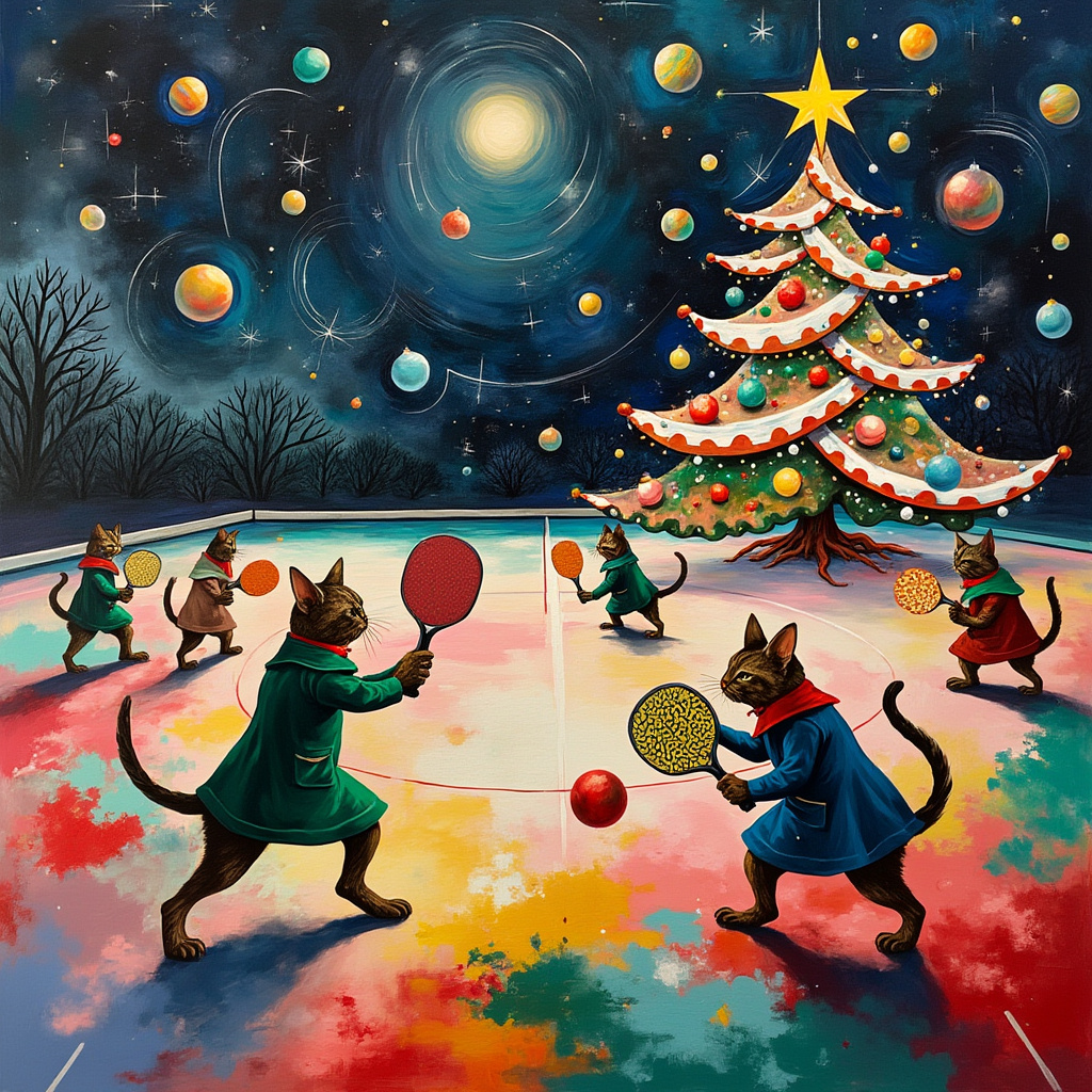 In the foreground of this surreal abstract Christmas scene, imagine a swirling, vibrant pickleball court that seems to defy the laws of geometry, its lines echoing Piet Mondrian's gridwork but in playful, erratic patterns. The court is a riot of colors, with blotches of bright reds, greens, and blues reminiscent of Jackson Pollock's dynamic splashes, intermixed with smooth, pastel shades in homage to Rothko's color fields. At one side of the court, a team of cats clad in Victorian-era Christmas attire—think velvety deep-green coats and red silk bowties—are poised to strike with pickleball paddles that look like oversized candy canes. Their fur is abstractly patterned, perhaps with Miro-like curlicues and dots, suggesting both elegance and whimsy. Opposite them, a team of dogs decked out in festive garb resembling Santa's elves, complete with jingling bells and peppermint-striped leggings, wag their tails eagerly. Their paddles are stylized with patterns similar to Kandinsky's abstract compositions, featuring circles and lines that seem to suggest snowflakes in mid-dance. Above, the sky is a bold, rich wash of indigo and star-studded black, with thick, twisting white strokes evoking Twombly's calligraphic style, spiraling to form abstract constellations shaped like Christmas trees and garlanded with pickleballs as ornaments. In the background, a distorted, shimmering Christmas tree in the style of de Kooning looms, its branches resembling vibrant strokes of color with baubles painted in glimmering metallic hues akin to Richter’s blurred yet vibrant abstract canvases. This tree has an abstract yet recognizable star atop that glows with an otherworldly luminescence. Snowflakes, stylized with Malevich's Suprematist forms, gently fall, each uniquely shaped, adding a final touch of seasonal magic to this mesmerizing scene.
Generated with these themes: Cats vs dogs at a pickleball tournament .
Made with ❤️ by AI.