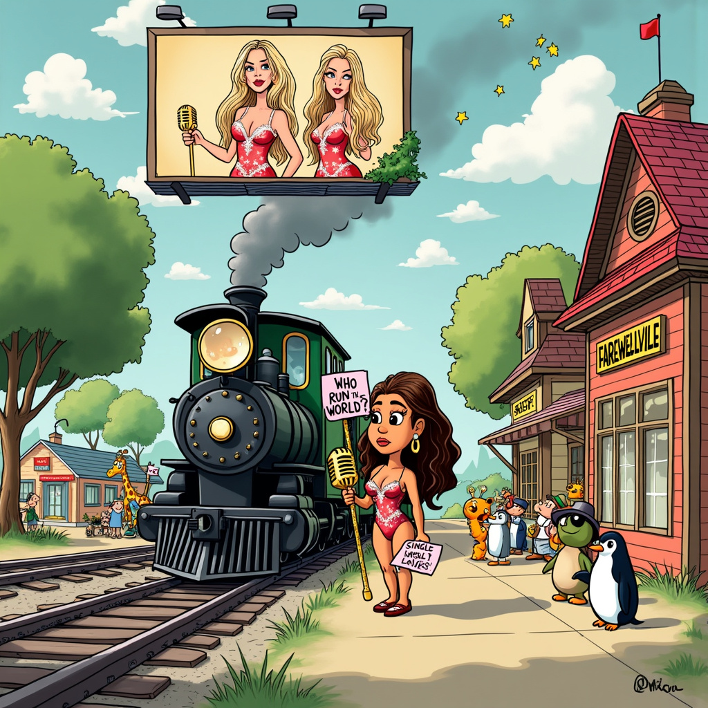 In the farewell greeting card scene, imagine a whimsical mash-up world where the pop icons Britney Spears and Beyoncé reside together. This cartoon takes place at a vibrant, fantastical train station named "Pop Legends Central," with architecture inspired by Charles Schulz's iconic Peanuts town, filled with adorable small buildings and lush green grass. 

Front and center is a charming vintage train with the destination sign reading "Farewellville" in bright, cheerful letters. The train's exterior is decorated with sparkling musical notes and heart-shaped balloons floating around, reminiscent of Winsor McCay's dreamlike style.

On the platform, there's a larger-than-life Britney Spears cartoon character, styled in her early 2000s "Lucky" video outfit—a glittery, star-spangled dress, with oversized cartoon eyes full of exaggerated, sparkling tears (inspired by Tezuka's expressive manga faces). Britney is holding a golden microphone that’s comically large, almost as big as she is, waving it energetically as she sings her hit, "Lucky."

Next to Britney, Beyoncé stands in her iconic "Single Ladies" leotard, looking fierce and fabulous. She holds a giant farewell banner that says, "Who Run the World? YOU DO!" in bold, glittering letters. Beyoncé's hair is styled in a dramatic, comic-book-like swoosh that echoes Will Eisner's dynamic graphic novels, with exaggerated movement lines showing her hair blowing dramatically.

To the side, there's a small crowd of quirky animal characters (think Gary Larson's The Far Side) waving goodbye with oversized hands. The animals include a giraffe in a suit, a penguin wearing sunglasses, and a turtle with a tiny top hat—all holding up mini flags with the words "Good Luck!" and "We'll Miss You!" emblazoned in colorful fonts.

The backdrop of the station features a large billboard with a drawing of both pop stars in a stylized Art Spiegelman meets Hergé crossover style, showcasing their most iconic moments together, from music videos to award shows, adding a nostalgic touch to the scene.

In the sky, a cartoon airplane flies by with a trailing banner that reads, "See You Soon!" in bubbly, cloud-like letters, adding a touch of Winsor McCay's dreamlike whimsy to the atmosphere.

The entire scene is a delightful, colorful explosion of pop culture references and cartoonish charm, ready to bid farewell in the quirkiest, most memorable way possible.
Generated with these themes: Britney Spears 'Lucky', and Beyonce.
Made with ❤️ by AI.