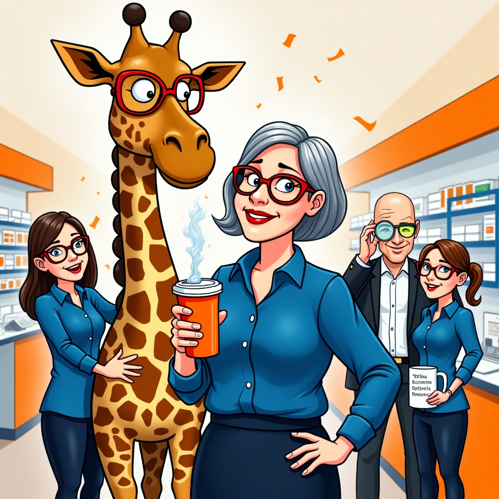 Works in Boots Opticians, Giraffe , Optician Assistant retiring, Favourite colour orange , Wears royal blue blouse, dark navy skirt, red glasses, grey short bob haircut, Holding a coffee travel cup that has giraffes on, Male manger blonde, green glasses, blue shirt, Optometrist male no hair, white tunic, black trousers , Chinese female manager  in black suit, navy shirt, black trousers , Female brown hair blue tunic, black trousers, and Female brown hair tired up, blue tunic, black trousers Farewell Card