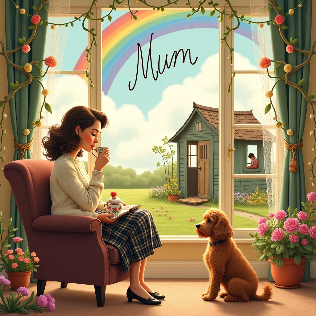 The birthday card front cover depicts a whimsical, storybook scene set in a cozy, warmly lit living room with a distinctly vintage aesthetic, reminiscent of Norman Rockwell's domestic charm. At the heart of the illustration, a white woman with flowing brown hair, dressed in a cozy knit sweater and plaid skirt, sits comfortably in a plush armchair. She delicately sips from an intricately decorated porcelain teacup adorned with floral motifs that echo Beatrix Potter’s pastoral elegance. By her feet, a lovable brown cockapoo with a curly coat reminiscent of rich chocolate sits patiently, gazing up at her with adoring eyes, its fluffy tail curled around its paws in a pose that suggests a natural sense of companionship.

In the background, visible through a large bay window framed with lace curtains, is her husband. He is diligently working in a quaint, rustic shed, the scene outside bathed in the golden hues of a setting sun, giving a nod to Maxfield Parrish's stunning use of light. The shed, constructed of weathered wood with a slightly crooked roof, stands amidst a garden alive with color and life, dotted with vibrant, whimsical flowers akin to those found in an Edward Gorey illustration.

Above, painted in the clouds across a serene, powder-blue sky, is the word "Mum," whimsically spelled out in a looping, playful script made of fluffy white clouds. A vivid rainbow arcs gracefully across the sky, symbolizing the joy and celebration of the day. The entire scene is bordered by twisting vines and delicate flora, in an homage to Aubrey Beardsley's intricate linework, framing this snapshot of familial warmth and everyday magic.
Generated with these themes: White woman with brown hair sitting drinking tea with a brown cockapoo dog sitting by her feet. In the background, out of a window is her husband working in his shed.
Made with ❤️ by AI.