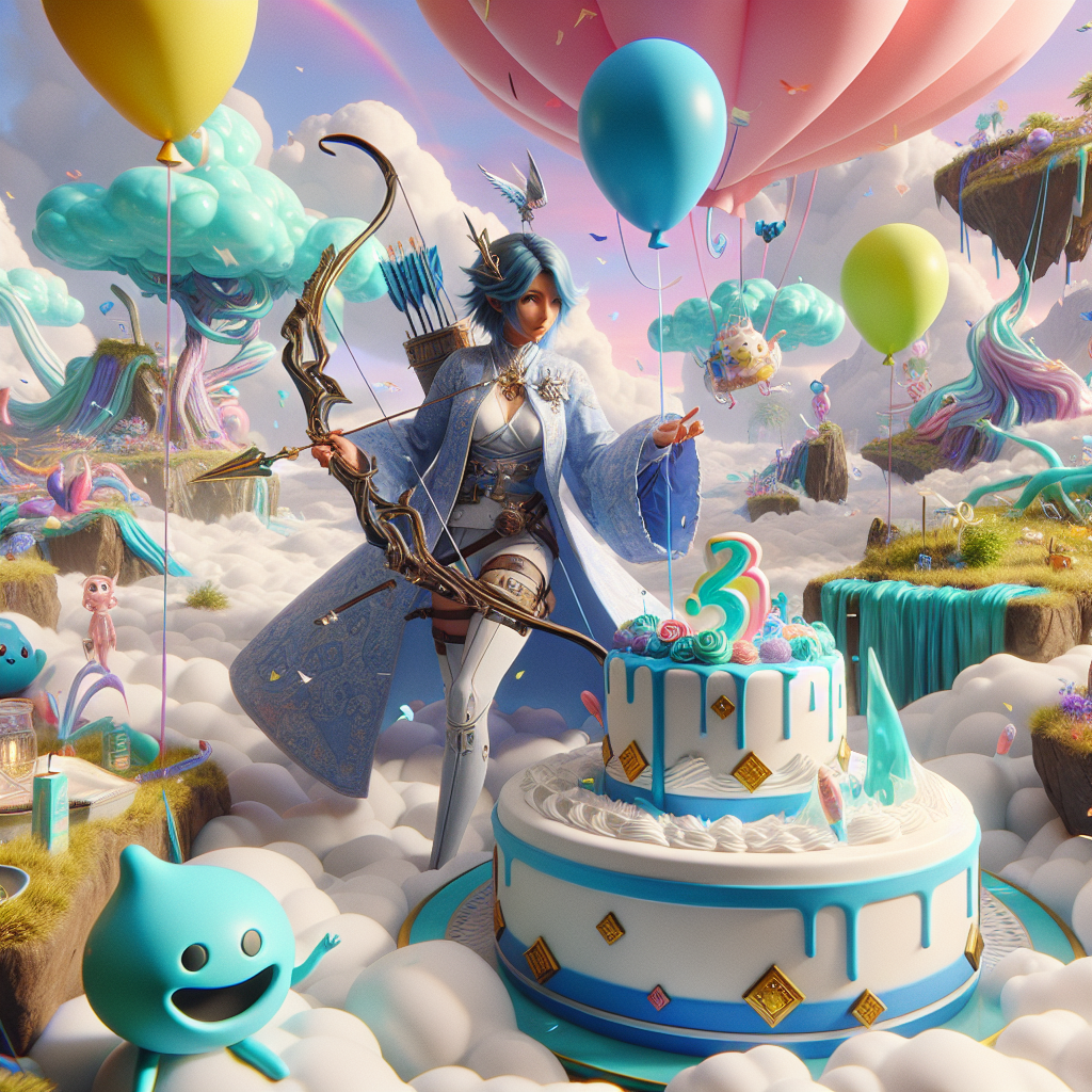 Imagine a captivating birthday scene set in a whimsical, alternative universe. A female Archer, reminiscent to Ashe, with striking blue hair and an intricate powdery-blue robe, is integrated into an environment that recalls the eccentricity of Genshin Impact. Amid pastel clouds and buoyant islands, our Archer revels with a cake shaped like a treasure chest, symbolizing in-game loot. Where there would typically be balloons, playful slimy creatures joyfully float about. The whole surroundings pulsate with a vibe typical for video games, subtlety denoted by features such as experience points and achievement badges ornamenting the area.
Generated with these themes: League of legends, Ashe from league of legends, Genshin impact, and Gaming.
Made with ❤️ by AI.