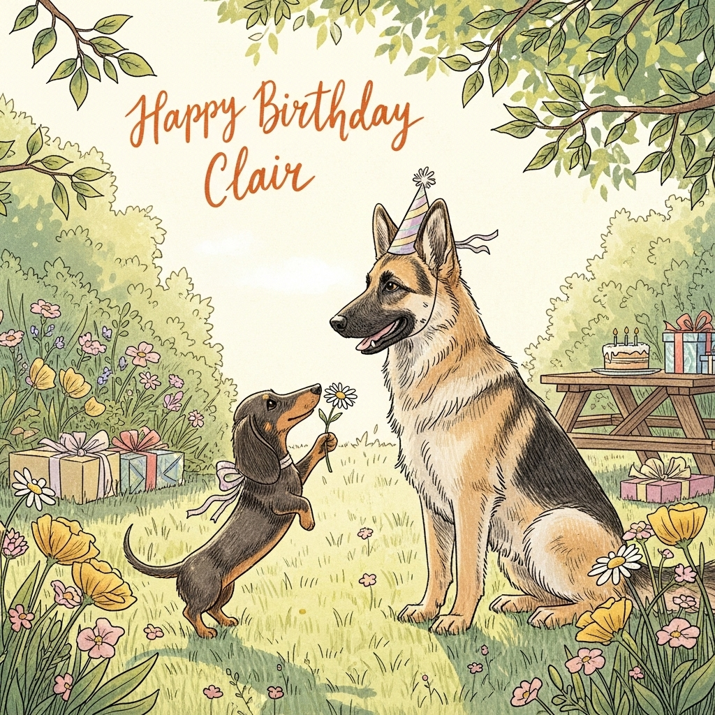 At the top of the Illustration Style image, write in warm, flowing hand-lettered script: **Happy Birthday Clair**.  

A hand-drawn, heartfelt illustration of a joyful scene in a sun-dappled garden: a cheerful Dachshund with long floppy ears and soulful eyes stands on tiptoe, gently offering a daisy to a tall, graceful German Shepherd who smiles back warmly. The German Shepherd is wearing a simple pastel party hat slightly askew, and the Dachshund has a ribbon tied around its neck. Soft sunlight filters through leafy branches, casting gentle shadows on the grass, while wildflowers bloom around them in a palette of warm golds, soft pinks, and calming greens. In the background, a wooden picnic table is set with a small cake and a few wrapped presents. The illustration has fine, hand-drawn linework and textured brush strokes, with a warm, expressive color palette that conveys sincerity, affection, and celebration.
Generated with these themes: Dashaund and German shepherd , and .
Made with ❤️ by AI.