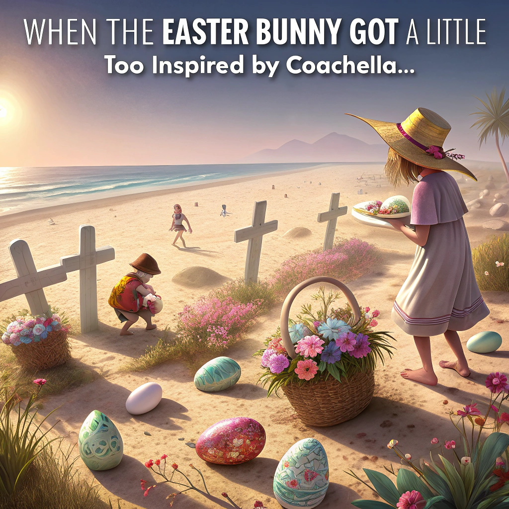 Cross, Easter eggs, Church, Flowers, Butterflies, Birds, Beach, Yachts, Grave yard, Egg hunt, Music, and Dancing Easter Card