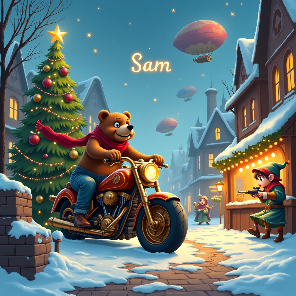 In the whimsical Christmas card scene, we have a quirky, snow-dusted town square where the magic of Christmas and fantasy worlds collide. The centerpiece is a gleaming, brass and copper steampunk motorbike, retrofitted with intricate gears and glowing arcane symbols, parked next to a towering Christmas tree adorned with shimmering ornaments. Riding the motorbike is a cheerful Cannon Bear, with massive cannons for arms, wearing a festive red scarf. The bear playfully aims its cannon arms skyward, shooting fluffy snowflakes instead of cannonballs, adding to the wintery charm. Nearby, an anime-inspired elf character, with oversized expressive eyes and a colorful, futuristic outfit, is caught mid-action, diving behind an ornate Victorian bench for cover in a friendly airsoft battle. In the background, majestic airships float across the sky, their balloon bodies festooned with steampunk embellishments and glowing fairy lights. Above it all, in the clouds, the name "Sam" is magically written in a swirling, golden script, glistening against the twilight sky. On the cobblestone path below, footprints reveal a path through the snow, leading to a charming Christmas market stall that offers steaming mugs of hot chocolate. Each element in the scene comes together to tell the delightful and adventurous holiday story, celebrating the eclectic themes in a festive symphony of creativity.
Generated with these themes: A Cannon Bear (a bear with cannons for arms), Airsoft, Arcane, Anime, Motorbikes, Steampunk, and .
Made with ❤️ by AI.