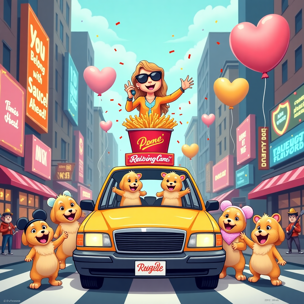**Prompt:**

At the top of the cartoon image: *"Thank You for Being Paws-itively Spud-tacular, Maya!"*

A super cute cartoon-style illustration bursting with cheerful energy and pastel tones: In the center, a joyful squad of fluffy golden puppies (each one dressed as different Disney characters — one in a Cinderella gown, one with Mickey ears, one in an Elsa wig) happily prancing around a steaming bucket of Raising Cane’s chicken tenders perched atop a shiny taxi cab driving through a whimsical, glittery version of Times Square.  

A life-sized, potato-shaped Taylor Swift wearing heart-shaped sunglasses, sparkly boots, and holding a mic, is standing on the taxi’s hood performing with the pups howling backup. Neon signs behind her flash phrases like “You Belong with Sauce!” and “Fearless Flavors Ahead!”

Hot dog stands on the sidewalk are replaced with mashed potato stands, and chipmunks dressed as tourists snap pics. Disney balloons shaped like drumsticks, guitars, and NYC cabs float above the scene, and the background is full of colorful buildings covered in confetti and fairy lights.

A perfect harmony of thankfulness, tail wags, stardom, carbs, and city dreams — all for Maya.
Generated with these themes: Raising Cane’s, Taylor Swift , Disney, Puppies, Potatoes, and New York .
Made with ❤️ by AI.