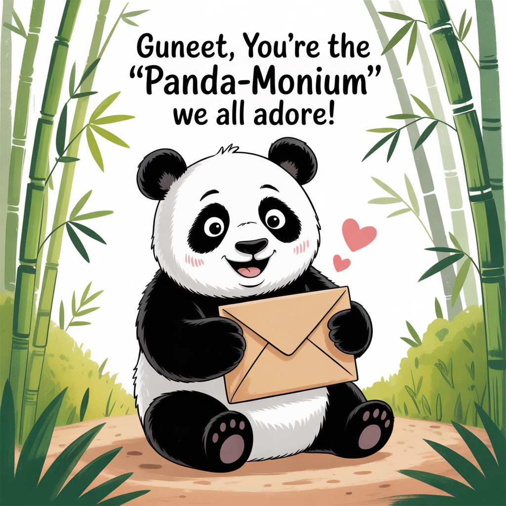 At the top of the image, "Guneet, You're the 'Panda-monium' We All Adore!"

In the center of the image, illustrate an adorable panda sitting amidst a whimsical bamboo forest, holding a giant thank-you note, with a cheeky wink and a playful grin.
Generated with these themes: Pandas , and .
Made with ❤️ by AI.