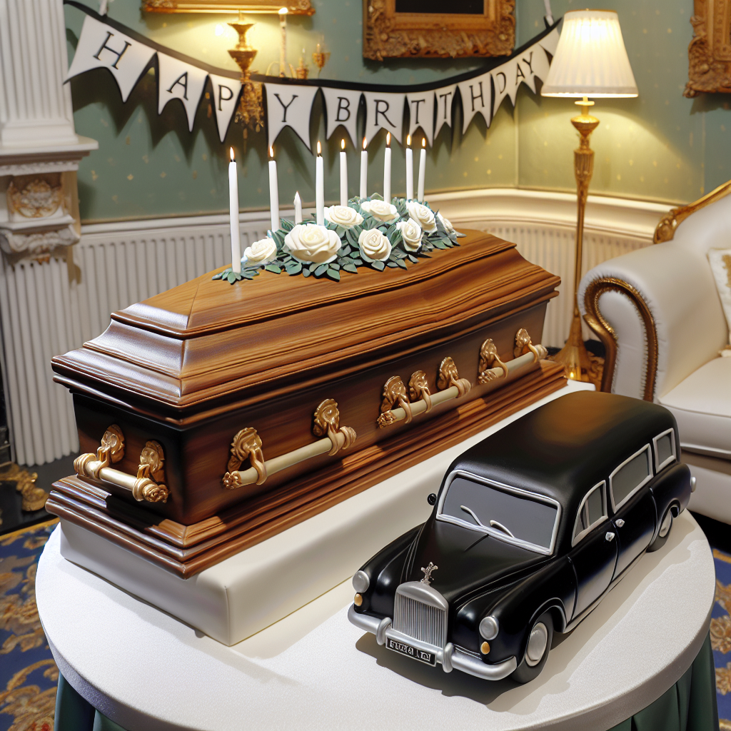 Depict a room elegantly furnished with peaceful, birthday-themed decorations, cleverly incorporating the distinct nature of a funeral director's profession with the gaiety of a birthday festivity. Dominating the scene is a birthday cake shaped like a coffin, skillfully designed to mimic polished wood, with the inscription 'Happy Birthday' crafted in elegant cursive, encircled by petite frosting flowers. Adjacent to it is an intricate scale model of a hearse, serving as a cake pedestal, its shiny black veneer reflecting the light. An overhead banner gently proclaims 'Happy Birthday,' hanging somewhat low to resonate with the seriousness of the profession.
Generated with these themes: Funeral director, Happy birthday, Coffin, and Hearse.
Made with ❤️ by AI.