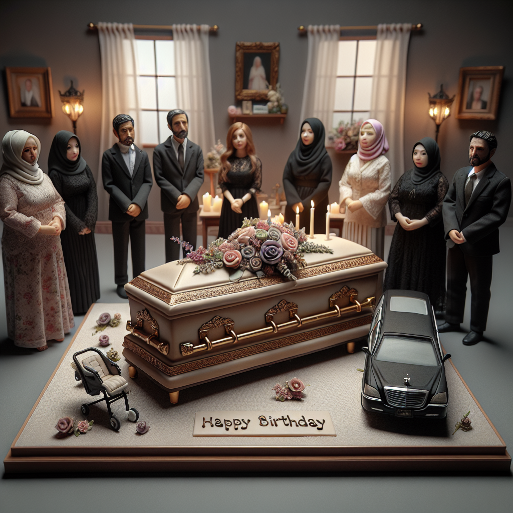 A tasteful and somber birthday scene incorporating elements of a funeral director's role. The backdrop features a muted room adorned with delicate flowers and gentle lighting. A small group of diverse individuals, which includes Middle-Eastern women and Hispanic men, don casually respectful attire, assembled around a realistic birthday cake designed like a sophisticated coffin adorned with complex floral motifs. 'Happy Birthday' is elegantly scripted on the cake. A detailed miniature toy hearse rests beside the cake, acting as both an ornament and a professional tribute.
Generated with these themes: Funeral director, Happy birthday, Coffin, and Hearse.
Made with ❤️ by AI.
