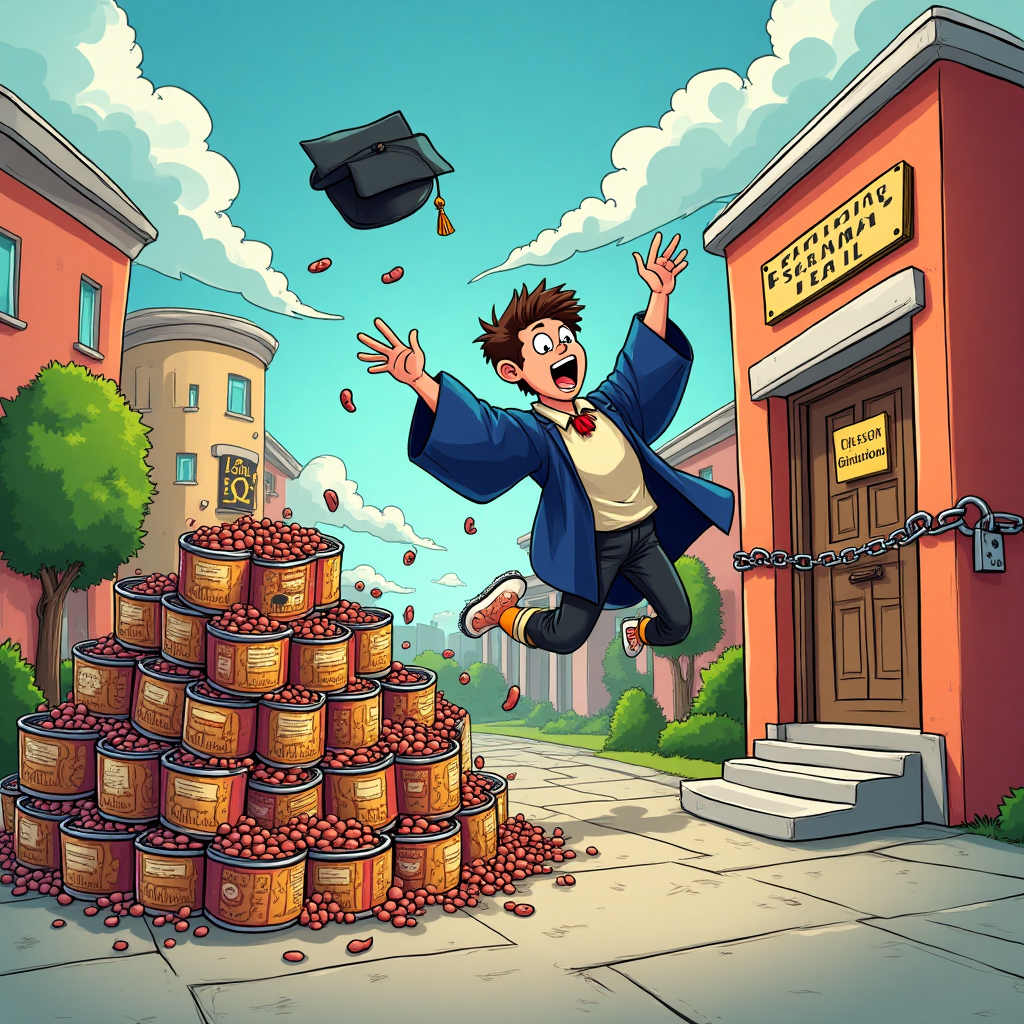 **Image Prompt:**

Imagine a playful cartoon scene depicting a jubilant student character, cap and gown tossed in the air, with a background of vibrant, exaggerated university buildings. The character has an exaggerated, wide-eyed expression of relief and joy. Nearby, a cartoon-style seminar hall is illustrated, but its doors are humorously chained and padlocked, with a cheeky sign hanging from the door that reads "Closed for Graduation!"

In the foreground, a comical mountain of beans cans, each with exaggerated labels, is depicted being kicked over by a cartoon foot, sending beans flying in a colorful burst. The foot, clad in a sock with a visible hole, adds to the humor and whimsy of the scene.

The entire scene is infused with bright, saturated colors, and the characters and elements are outlined with thick, black lines. The overall composition exudes a sense of triumphant silliness and energetic celebration.

**Text Caption:**

"Freedom: No More Seminars, No More Beans on Toast!"
Generated with these themes: Beans on toast, and .
Made with ❤️ by AI.