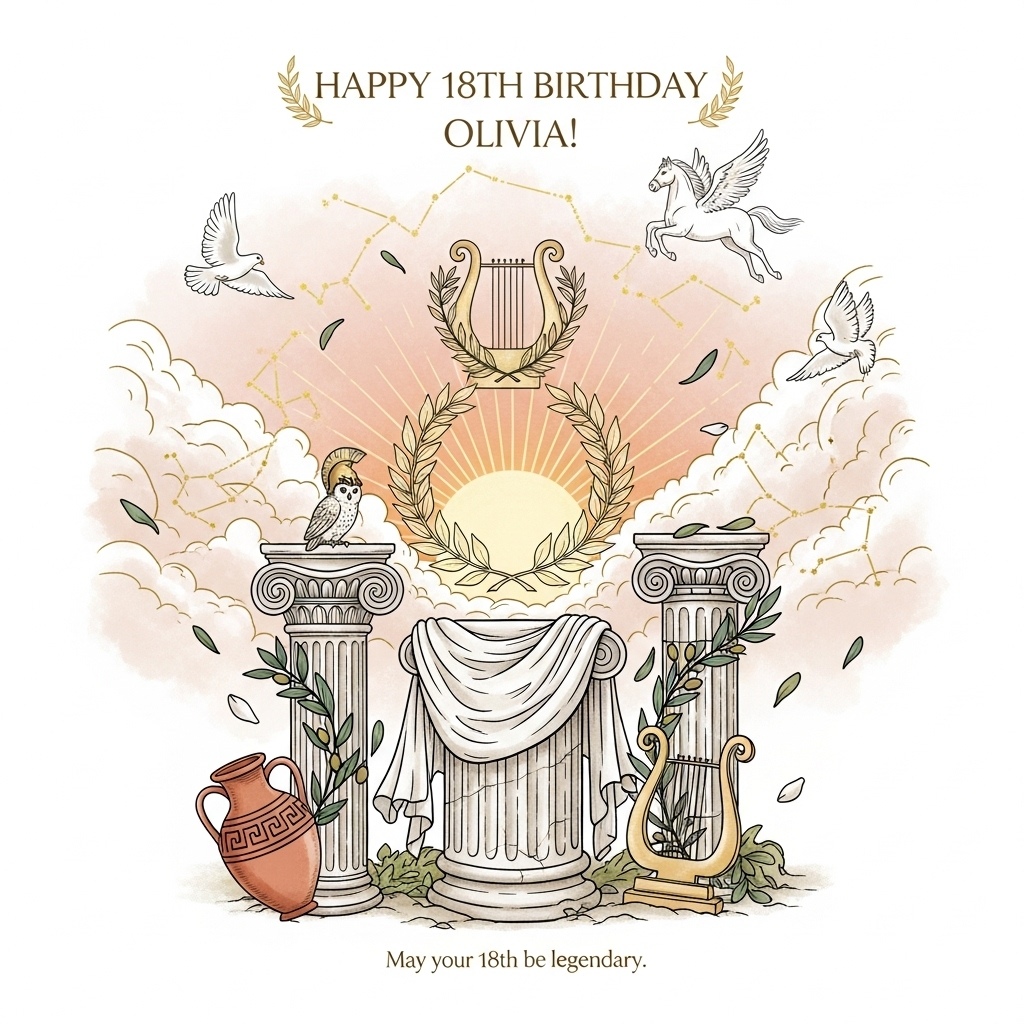 At the top of the Illustration Style image, Happy 18th Birthday Olivia!

Hand-drawn illustration with fine linework and textured brush strokes, balanced and serene. A sincere, luminous Mount Olympus scene: at center, a sun-kissed marble pedestal draped with flowing fabric, crowned by a glowing laurel wreath. Flanking the pedestal, an Ionic column and a Corinthian column are gently entwined with olive branches. Athena’s small owl rests on the left capital; Apollo’s lyre leans at the right. A warm apricot-and-blush dawn breaks behind softly rolling clouds, where faint constellations outline a lyre and laurel sprigs. Pegasus glides high above as white doves circle, while olive leaves and petals drift like quiet confetti. A terracotta amphora with Greek meander patterns sits in the foreground. Full-bleed portrait composition, no borders, subtle paper grain visible, gold-ink accents that catch the light, calm and heartfelt mood.

Title text styling: the top line is hand-lettered in a classical serif, warm gold with delicate laurel flourishes, integrated into the sky so it feels part of the scene.

Small caption at the bottom (single short line, understated, sincere): May your 18th be legendary.

Color palette: honey gold highlights, ivory marble, terracotta reds, olive greens, sea-green accents, and a warm apricot-to-rose sky; gentle vignetting and soft, expressive shading.
Generated with these themes: Greek and roman mythology, and .
Made with ❤️ by AI.