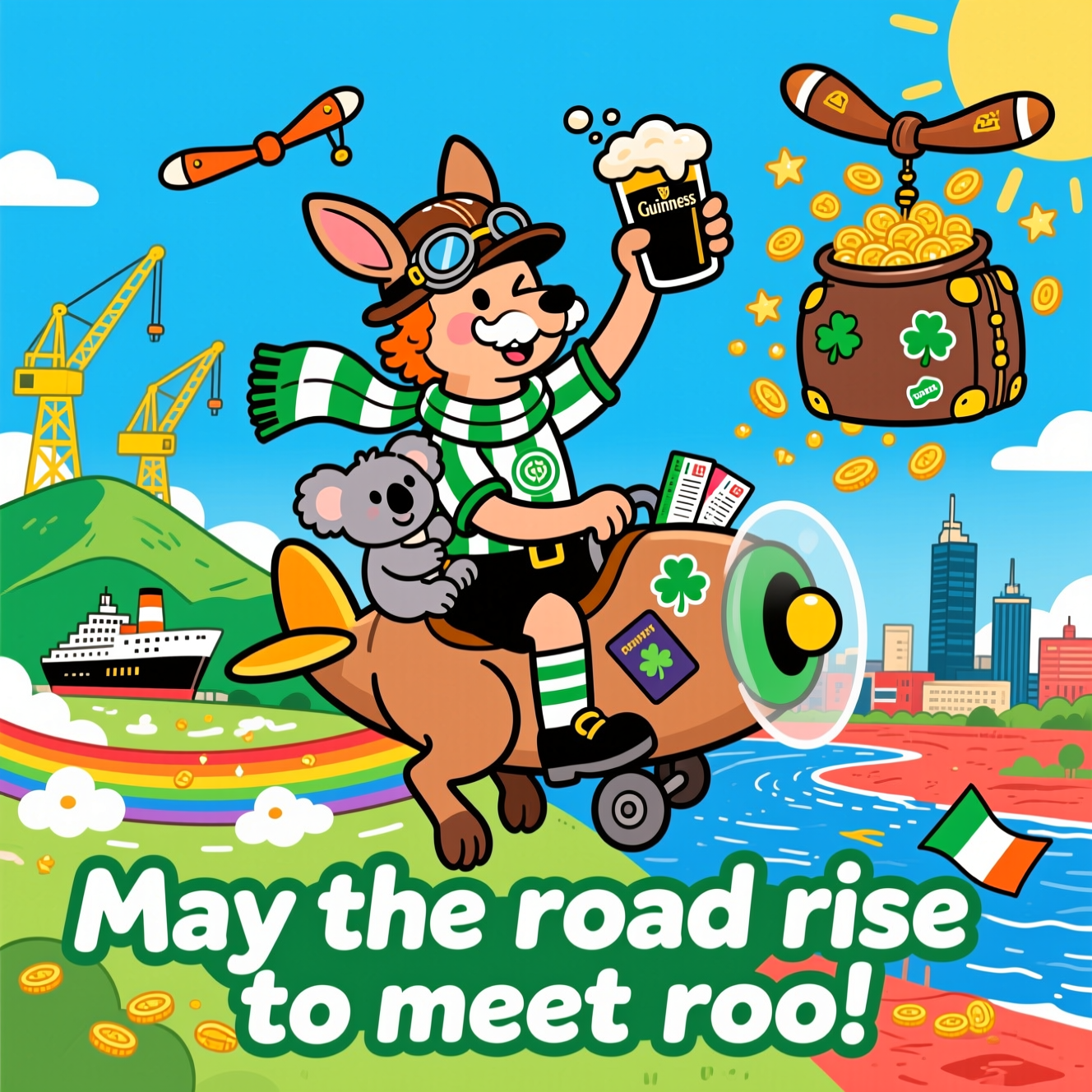 Playful cartoon with thick black outlines, exaggerated proportions, and bright saturated colors. A funny farewell travel scene: a cheeky leprechaun in a green-and-white hooped Celtic Football Club jersey and scarf rides a flying kangaroo like a plane. The kangaroo wears aviator goggles and a leather cap; a cuddly koala in its pouch clutches a passport covered in shamrock and boomerang stickers. The leprechaun raises a frothy pint of Guinness (creamy head giving him a foam moustache), winking as they zip along a rainbow contrail made of tiny shamrock clouds and stout-colored rings.

Left background: a stylized Belfast skyline with green hills, a hint of the Titanic Belfast building and two big yellow shipyard cranes, all simplified and cartoony. Right background: a sunny Perth skyline with the Swan River gleaming, warm red earth tones, and a bright blue sky. A pot-of-gold suitcase dangles behind, spilling glittery gold coins that turn into little stars in the air. Travel vibes everywhere: boomerang-shaped winglets on the kangaroo, scattered boarding passes fluttering, and a tiny Irish tricolour ribbon trailing from the scarf.

Composition: dynamic 3/4 view, wide-angle energy, characters large and central. Lighting: sunny and punchy with bold cel-shading. Palette: emerald greens, creamy white, stout brown-black, ocean blues, warm golds and oranges. No other words or labels besides the caption. No watermarks.

Caption text (one line), chunky hand-lettered, white with green outline and a soft drop shadow, placed near the bottom:
“May the road rise to meet roo!”
Generated with these themes: Ireland, Guinness, Alcohol, Leprechaun, Koala, Kangaroo, Celtic Football Club, Perth, Belfast, Flying, Travel, and .
Made with ❤️ by AI.