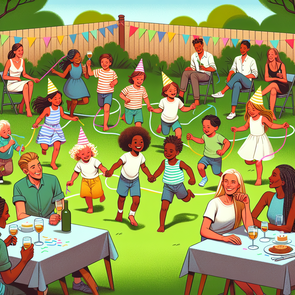 Create an illustration of a lively backyard birthday party. The image should depict a diverse group of children of varying descents like Caucasian, Hispanic, and Middle-Eastern, all laughing and playing a game of tag. They are wearing colorful party hats and carrying streamers. Off to the side is a group of parents of different genders and descents such as Black, South Asian, and White, calmly relaxing around a table. They each hold a wine glass, their serenity contrasting with the children's energetic play. This peaceful gathering symbolizes their oasis amidst the celebration.
Generated with these themes: Crazy kids, Wine, and Peace.
Made with ❤️ by AI.