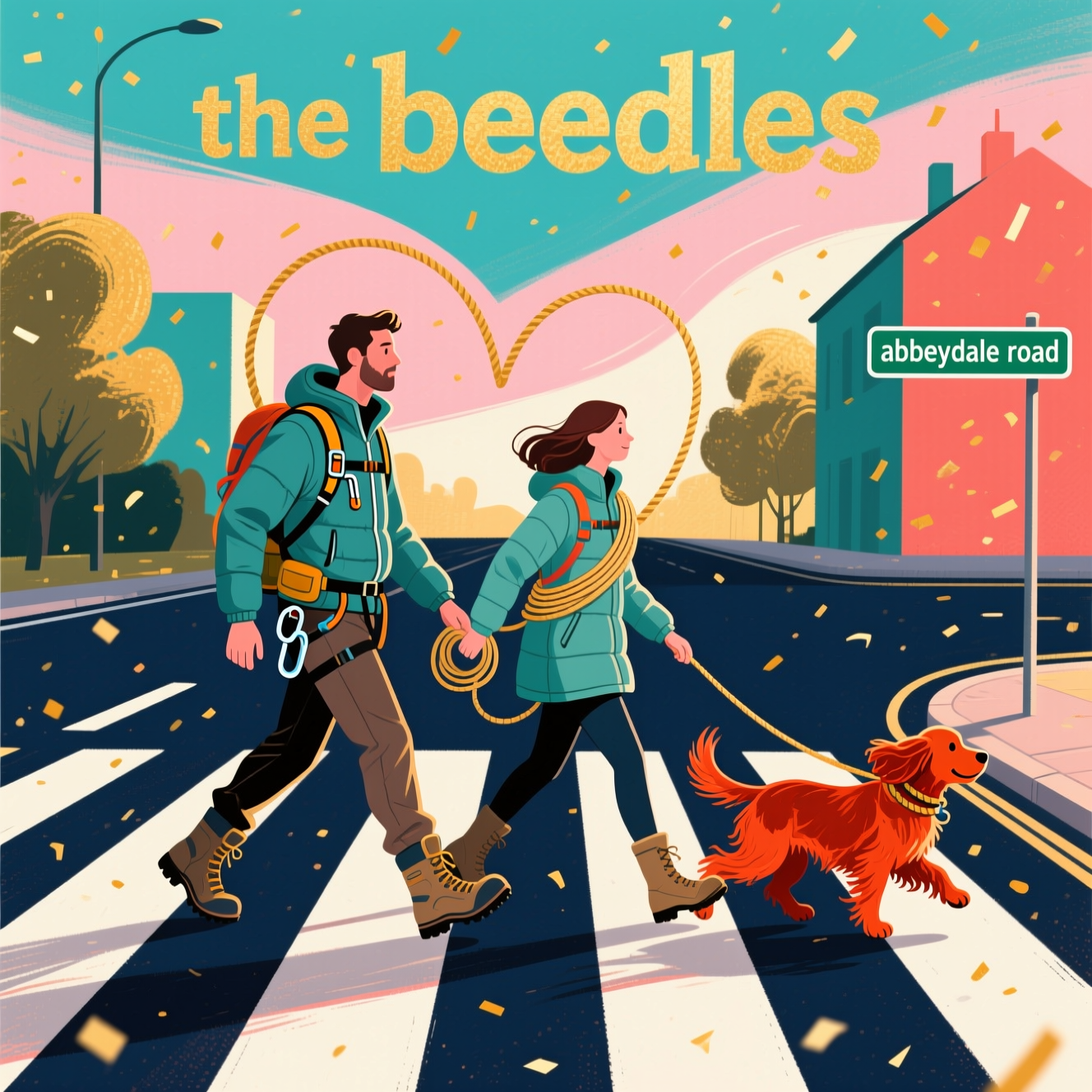 Full-bleed, vertical abstract composition with bold geometric crosswalk bars and fluid, sweeping curves. High-contrast palette: deep midnight indigo asphalt, luminous ivory zebra stripes, coral and blush gradients in the sky, teal and gold accents. Center scene: two stylized figures crossing left to right, captured mid-step. The man is slightly taller (approx. 5'10"), the woman just shorter (approx. 5'5"). Both in mountaineering gear: rugged boots, softshell jackets, harnesses with visible carabiners, and a coil of rope draped so its looping curve subtly forms a heart between them. A ginger-red cocker spaniel trots alongside, ears flapping, tail up, rendered with dynamic brush-stroke texture for lively motion. Background reduced to minimal blocks and arcs suggesting buildings and trees, softened by painterly texture and gentle golden-hour glow; faint confetti-like flecks of warm gold imply celebration without clutter.

Typography integrated into the artwork:
- “the beedles” set large near the top in a playful chunky sans-serif, lowercase, slightly offset kerning; colors harmonize with the palette.
- “abbeydale road” as a clean white-on-emerald street sign form on the right edge (or subtly painted along the curb), simple modern letterforms.

Overall mood sincere and warm—loving energy and forward motion. Emphasize dynamic brush-stroke textures, crisp edges on geometric shapes, and fluid curves around the figures and dog. Keep faces simplified and stylized, no logos.

Small single-line caption, understated near the bottom: “Tying the knot, one step at a time.”
Generated with these themes: .
Made with ❤️ by AI.