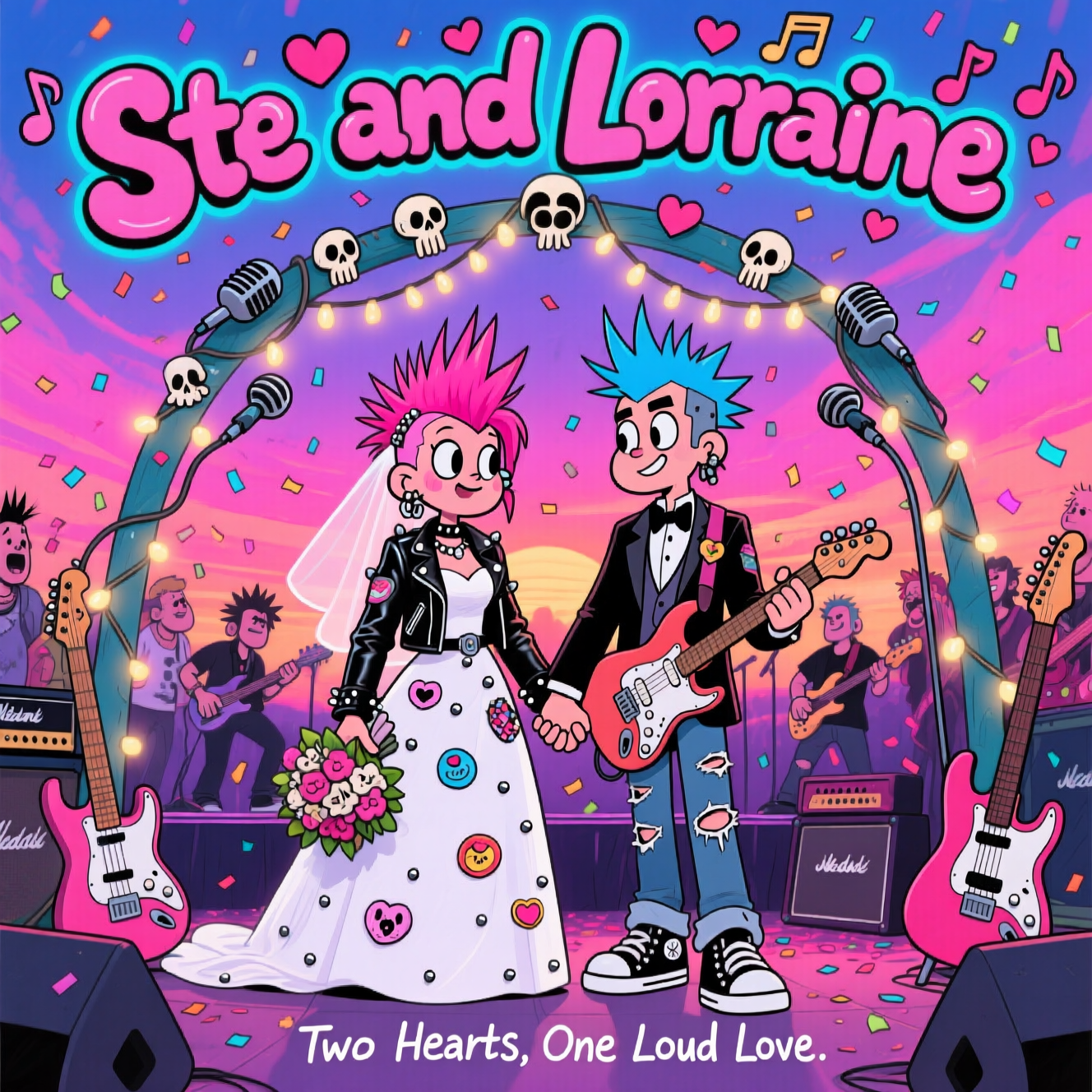At the top of the Cartoon Style image, write “Ste and Lorraine” in bold, graffiti-inspired bubble letters, with tiny hearts and music notes around it.  

A vibrant, playful cartoon scene of a romantic punk rock wedding: the bride, with bright pink hair in a wild mohawk, wearing a leather jacket over her white wedding dress covered in cute patches and studs; the groom, with electric blue spiky hair, in a tuxedo jacket with ripped jeans and Converse, holding a guitar instead of a bouquet. They stand hand in hand under an arch made of guitars, microphones, and strings of fairy lights, surrounded by their punk friends as the “wedding band” rocks out on stage behind them. Confetti rains down in the form of tiny skulls and hearts, and the background glows with saturated sunset pinks, purples, and neon blues. The mood is bursting with romance and rebellious joy, with exaggerated, whimsical cartoon expressions.  

Small caption at the bottom in playful handwritten font: “Two Hearts, One Loud Love.”  
Generated with these themes: Punk rock, and .
Made with ❤️ by AI.