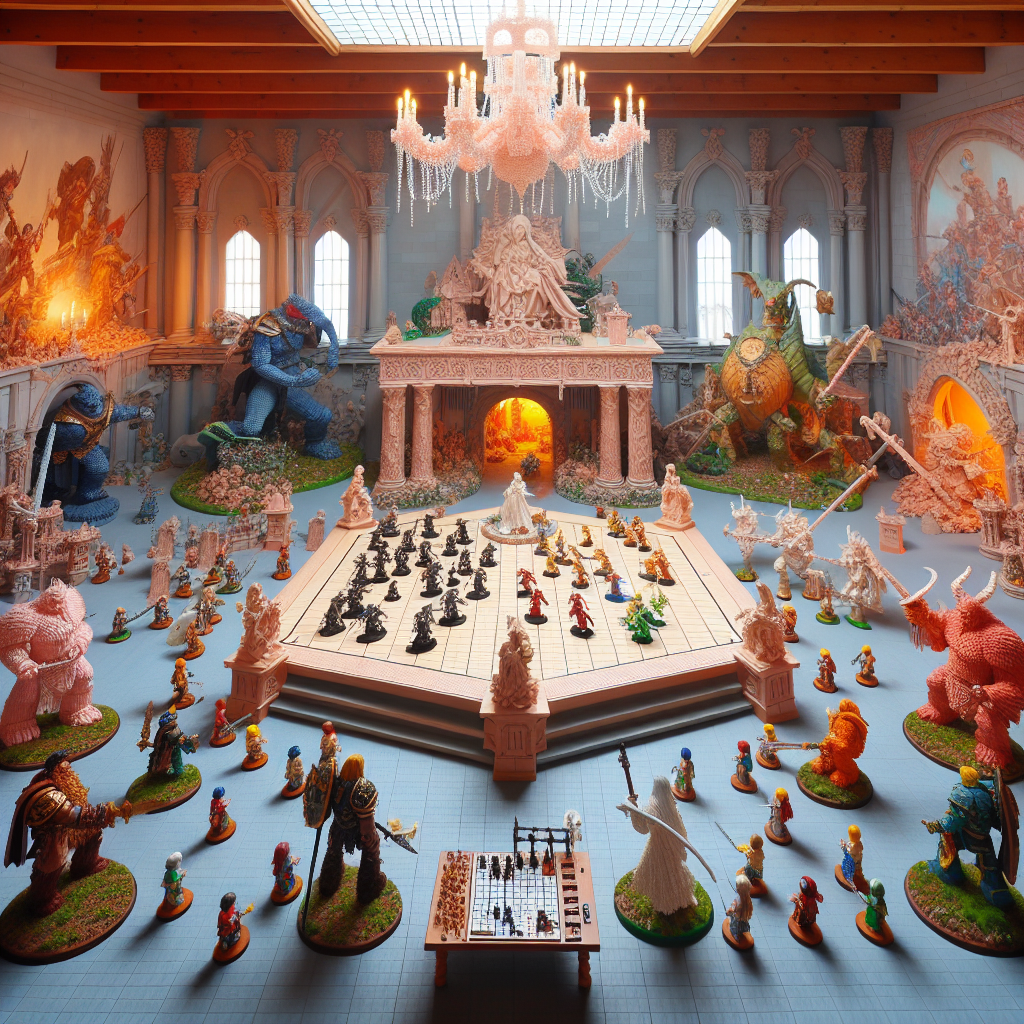 Depict a grand birthday party set in a surreal, yet strangely realistic setting, where the alluring world of fantasy has harmoniously blended with reality. At the heart of the scene, show an elaborate Dungeons & Dragons tabletop arrangement, filled with hand-painted miniatures intensely engaged in a valiant confrontation, flanked by majestic Warhammer armies standing guard in their splendor. Scattered around the room, incorporate life-sized sculptures crafted from interlocking bricks, adding a slice of playful charm. Render a few of these sculptures reproducing the scenes from both games and the remaining depicting the guests delightfully immersed in the celebrations. 
Generated with these themes: Dungeons & Dragons, Warhammer, and Lego.
Made with ❤️ by AI.