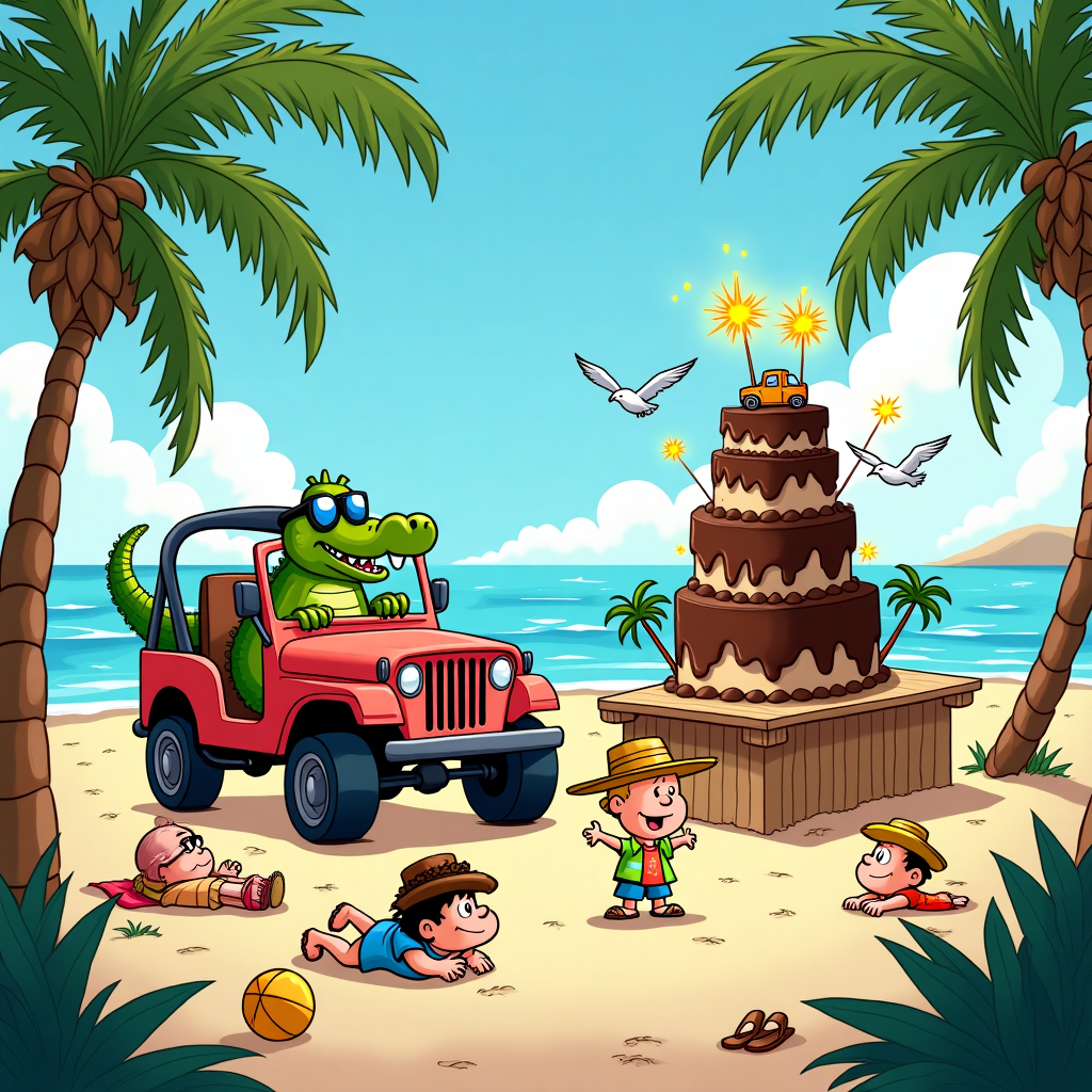 In the vibrant setting of a sun-kissed Florida beach, a lively birthday celebration unfolds. Picture a cartoon scene where a classic Willy Jeep, reminiscent of those seen on rugged adventures, has made an unexpected stop in the sandy paradise. The Jeep is decked out in vibrant streamers and colorful balloons that sway gently in the ocean breeze. A mischievous cartoon alligator, wearing oversized sunglasses, is perched in the driver's seat, holding the steering wheel with a cheeky grin.

Beside the Jeep, a towering chocolate cake defies gravity. It stands magnificently on a makeshift wooden table fashioned from surfboards. The cake is adorned with palm tree decorations crafted from icing, and a tiny edible replica of the Jeep sits proudly at the top, surrounded by sparklers ready to be lit. Seagulls, drawn by the cake's rich aroma, circle overhead, adding a touch of animated chaos to the scene.

In the foreground, a group of animated characters—perhaps reminiscent of Charles Schulz's Peanuts, with exaggerated expressions—are gathered. One character, wearing a Hawaiian shirt and a straw hat, attempts to blow out the candles with an oversized breath, causing the others to lean back, shielding their eyes from the imaginary gust. Another character is sprawled on the sand, indulging in a slice of cake, with chocolate smeared joyously across their face.

A small beach ball rolls nearby, while a pair of flip-flops and a beach towel are casually tossed onto the sand, capturing the laid-back vibe. Palm trees frame the scene, and in the background, the ocean waves lap gently against the shore under a sky filled with fluffy, cartoon-style clouds, making it a picturesque snapshot of a Floridian birthday adventure infused with whimsy and humor.
Generated with these themes: Jeep, Florida, Chocolate Cake, and .
Made with ❤️ by AI.