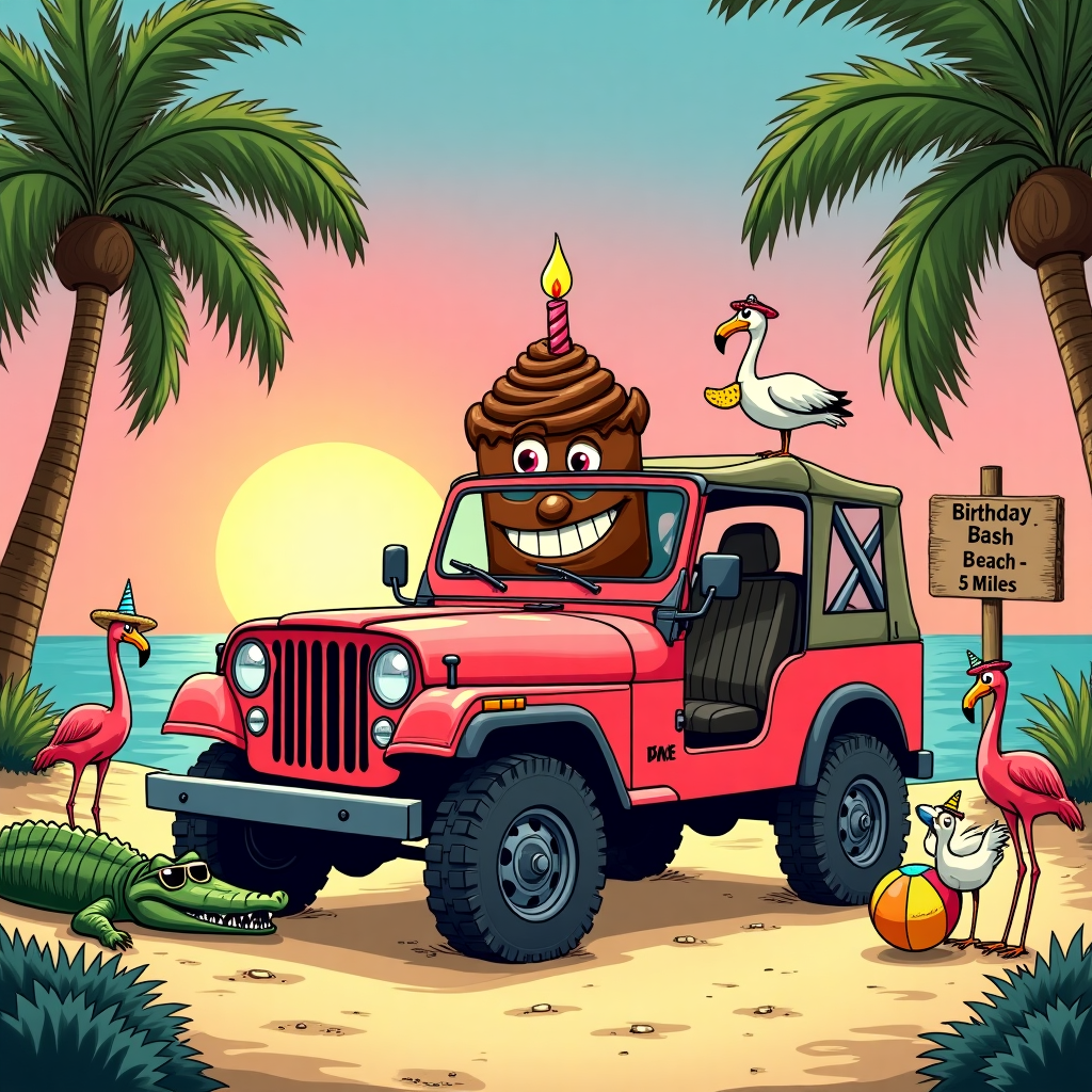 In the heart of a sun-soaked Floridian landscape, we have a playful birthday scene bursting with whimsy and humor. A classic, boxy Jeep Wrangler, reminiscent of a vintage comic strip car, is parked in a sandy clearing surrounded by lush palm trees and curious, cartoonish flamingos. The Jeep's canvas top is rolled back, revealing an unexpected passenger—a large, animated chocolate cake sitting comfortably in the driver’s seat. This cake is anthropomorphized with wide, googly eyes and a mischievous grin, its layers frosted with rich swirls of chocolate, and topped with a single, comically oversized candle that resembles a lighthouse beacon.

Around the Jeep, a group of jubilant cartoon animals have gathered. An alligator wearing a straw hat and sunglasses leans against one of the tires, seemingly amused by the proceedings. A trio of pelicans, each with party hats perched on their beaks, are perched on the Jeep’s roll bar, looking down inquisitively. One pelican holds a small beach ball, another is balancing a slice of pineapple on its beak, and the third is attempting to peck at the cake’s frosting.

In the background, a vivid sunset paints the sky in gradients of pink and orange, creating a backdrop worthy of an adventure story. The scene is dotted with comic-style motion lines, indicating a gentle breeze rustling through the palm fronds and the flamingos’ feathers. Off to one side, a sandy signpost reads “Birthday Bash Beach – 5 Miles,” with an arrow pointing towards the horizon, suggesting more fun awaits.

This setting captures a spontaneous celebration, where the wild and wonderful meet, blending Charles Schulz's endearing character style with Bill Watterson's knack for imaginative mischief, all while capturing the animated spirit found in classic Florida adventures.
Generated with these themes: Jeep, Florida, Chocolate Cake, and .
Made with ❤️ by AI.