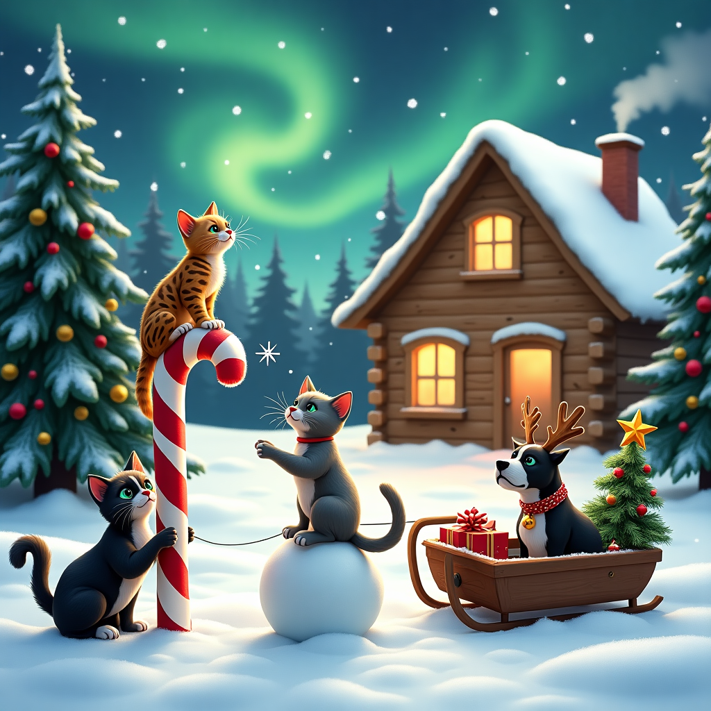In the heart of a whimsical winter wonderland, three feline friends and one playful pooch embark on a Christmas caper. The scene is set in a snow-draped forest where delicate, sparkling flakes gently fall from the sky. At the center, a Bengal cat with a coat as sleek and patterned as a snowy leopard stands proudly atop a perfectly shaped snowcat, its emerald eyes shimmering with mischief. To its right, a Grey tabby cat, with fur the shade of frosted steel and a hint of silvery stripes, is trying to catch a snowflake on its nose, one paw lifted mid-air in playful anticipation. On the left, a Black and white cat, with an inky mask that resembles a tuxedo, is peeking curiously from behind a towering candy cane that's propped against a nearby evergreen, dusted with snow and twinkling with tiny lights. Completing this festive tableau is a Brindle pitbull, its coat a tapestry of caramel and chocolate swirls, proudly donning reindeer antlers and a jingle bell collar, pulling a miniature sleigh loaded with wrapped gifts and a small pine tree adorned with popcorn garlands and cranberry ornaments. In the background, a cozy log cabin emits a warm golden glow from its windows, and smoke gently curls from its chimney, hinting at the crackling fire inside. Above, the northern lights dance across the star-studded sky, casting an enchanting luminescence over the scene, capturing the spirit of camaraderie and adventure during the holiday season.
Generated with these themes: Snow bengal cat, Grey tabby cat, Black and white cat, and Brindle pitbul.
Made with ❤️ by AI.