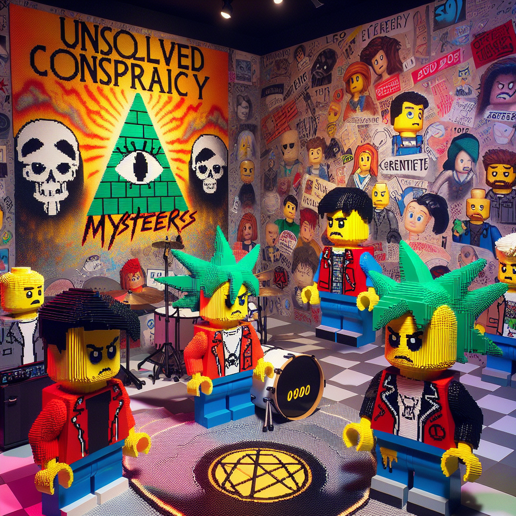 Generate an image with a surreal realistic setting where Lego constructions inspired by various unsolved conspiracy mysteries fill the room. The walls are covered with lifelike graffiti artworks which show iconic cartoon characters from the 90s, now dressed in punk-style clothing. This unusual combination feels somehow complementary. The atmosphere feels both strange and reminiscent of the past, filled with the sounds of a punk rock playlist inspired by mystery series' themes. The overall setting is eerie but filled with nostalgia.
Generated with these themes: Lego, 90s cartoons, Conspiracy theories, The x files, and Punk.
Made with ❤️ by AI.