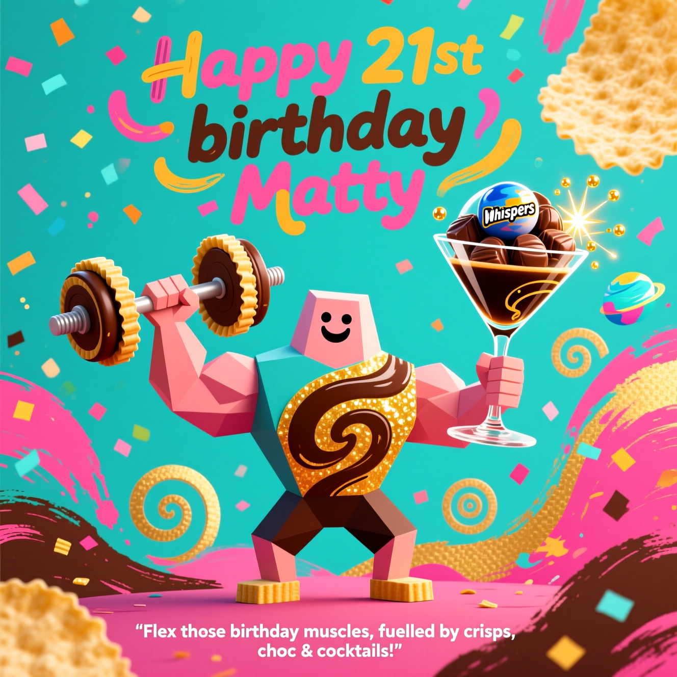 Here’s the crafted **Image Prompt** for your greetings card front cover:  

---

**Prompt:**  
At the top of the Abstract Style image, the text **"Happy 21st birthday Matty"** in playful bold abstract lettering, flowing like colorful confetti strokes.  

In the center, a cute abstract composition:  
- A strong geometric figure shaped like a cheerful weightlifter, flexing barbell arms made of swirling **Pringles tubes** and curved crisp shapes.  
- In one hand, an oversized **espresso martini glass**, its liquid drawn with shimmering, inky brown swirls and bubbly golden sparks.  
- In the other hand, a floating orb-like cluster of **Whispers chocolates**, glowing like tiny planets with soft highlights.  
- Around the figure, bright color splashes of teal, hot pink, gold, and deep espresso brown, layered with dynamic brush strokes and rounded shapes for a bold abstract look.  
- Spirals and confetti-like curves surround the scene, creating a celebratory, playful energy.  

At the bottom, in smaller text, a cheeky caption:  
**“Flex those birthday muscles, fuelled by crisps, choc & cocktails!”**  

---  

Would you like me to also come up with **3 alternative short captions** (funny/punny) that could be swapped in depending on the vibe?
Generated with these themes: Bodybuilding , Expreso Martini , Whispers chocolate , Pringles , and .
Made with ❤️ by AI.