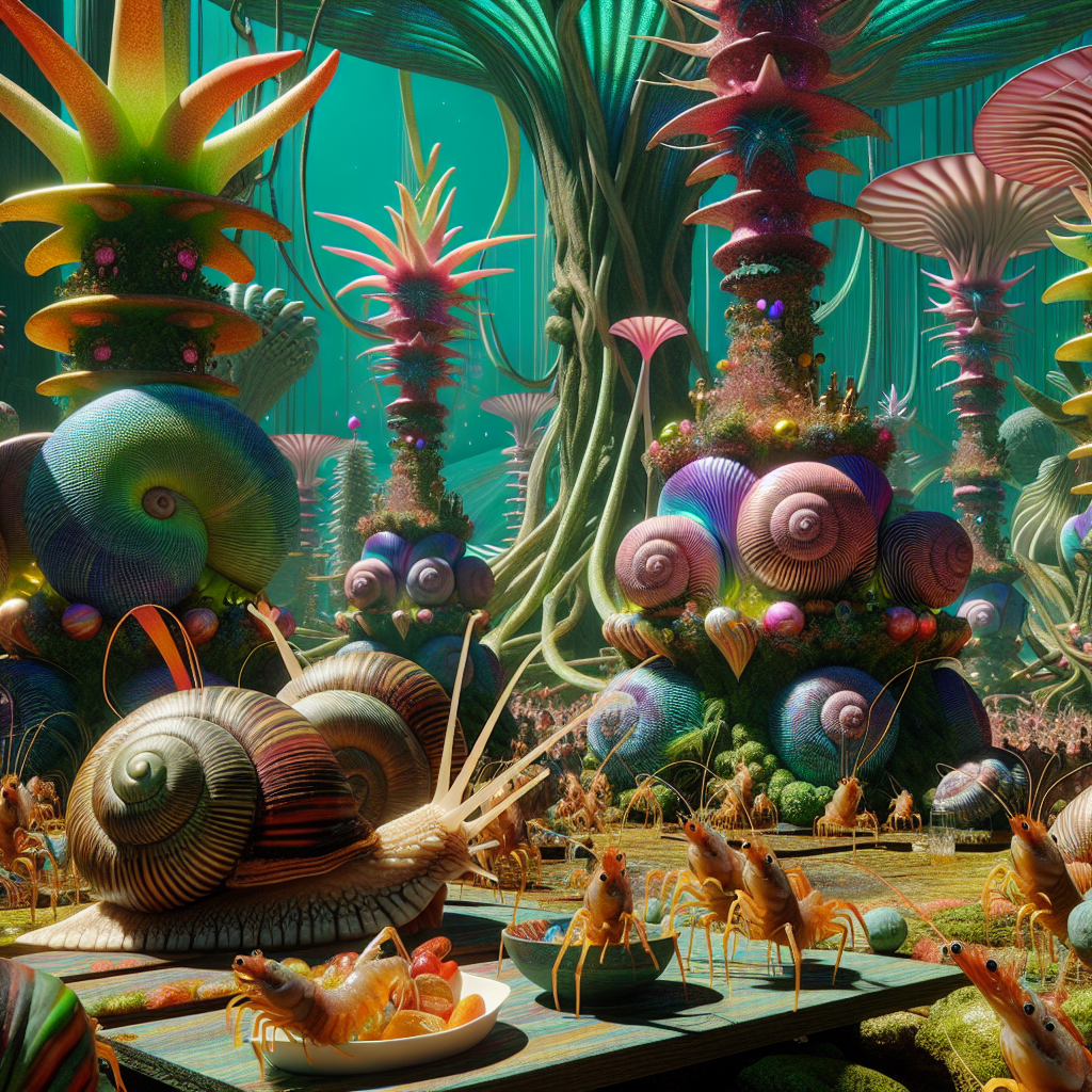 Envision an outlandish jungle setting where the standard rules of our reality do not apply. Towering, exotic plants exhibiting strange shapes and luminescent colors create the unusual backdrop for an abstract birthday celebration. Occupying the undergrowth are large snails, their shells adorned with intricate, mesmerizing designs, that leisurely navigate through the party. The atmosphere is imbued with the intriguing sounds produced by shrimps, each accessorized with a variety of minuscule hats and decorative streamers, injecting an element of comical wonder into the event. Each characteristic piece of this scene shapes a vivid, fantastical picture that steps away from mundane reality and gives a nod to the outlandish.
Generated with these themes: Exotic plants, Giant snails, Shrimp, and Crazy.
Made with ❤️ by AI.