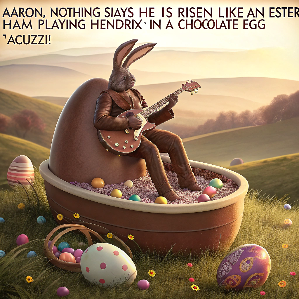 At the top of the image, "Aaron, nothing says 'He is Risen' like an Easter ham playing Hendrix in a chocolate egg Jacuzzi!"

Image Description Prompt:  
A hyper-realistic, surreal photograph set in a hazy, pastel-drenched countryside at dawn. Center stage is a giant glazed Easter ham, carved into the shape of a seated figure with tiny chocolate bunny ears, passionately shredding an electric guitar made entirely of sour candy strips. The ham sits partially submerged in a bubbling hot tub filled with molten chocolate inside a colossal, cracked-open golden Easter egg.

Around the egg, marshmallow peeps lie sunbathing on crisp bacon towels, while deviled eggs shaped like tiny angelic cherubs flutter around, sipping from miniature crystal goblets of maple syrup "liqueur." A psychedelic, smoke-like mist rises in pastel pinks and blues, laced with subtle rainbow swirls. In the distance, a disoriented Easter bunny in aviators lounges against a jellybean tree, surrounded by floating, iridescent bottle-shaped bubbles with faint silhouettes of kittens inside, curled like spirits of the forest.

Lighting should be dreamlike and glowy, evoking the tone of a religious experience through candy-fueled surrealism — cheeky, strange, and unforgettable.
Generated with these themes: Food, Playing Guitar, Meth, Liqour, and Pussy.
Made with ❤️ by AI.