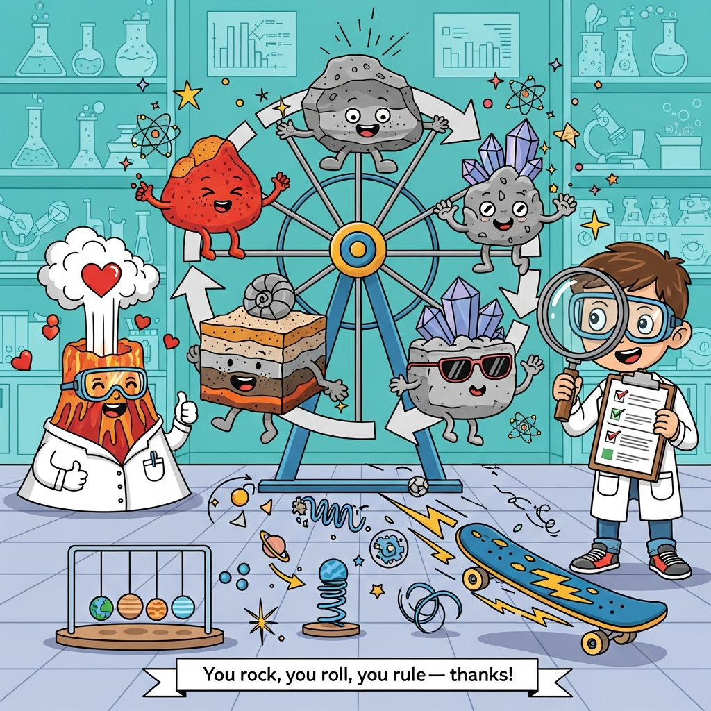 Playful cartoon, bright saturated colors, thick black outlines, exaggerated proportions, whimsical energetic poses. Full-bleed scene in a lively science lab. Center stage: a giant circular ride visually representing the rock cycle, where three personified rocks loop around like a Ferris wheel—(1) Igneous rock with tiny lava freckles and a cheeky grin, (2) Sedimentary rock made of stacked layers with a cute fossil shell peeking out, (3) Metamorphic rock sparkling with crystal facets and cool shades. Left: a friendly volcano in safety goggles and a lab coat, puffing heart-shaped steam and giving a thumbs-up. Right: an enthusiastic 5th-grade scientist with oversized goggles peering through a huge magnifying glass, holding a clipboard with big checkmarks (no words). Foreground: a Newton’s cradle made of colorful planets swinging with swoosh lines; a cartoon skateboard zooms by trailing lightning bolts and spirals to suggest energy and motion. Scattered visual icons (arrows, springs, gears, lightning, motion lines) float playfully to illustrate force/motion/energy—no labels. Background: teal lab walls with beakers bubbling, a microscope, and pictogram-style charts (no text), plus confetti-like atoms, stars, and sparkles. Lighting bright and bouncy; dynamic, funny expressions.

Text on image: A bold, hand-lettered single-line caption on a small ribbon banner at the bottom:
“You rock, you roll, you rule—thanks!”
Only this text; no other words.
Generated with these themes: 5th grade science concepts like the rock cycle, force/motion/energy, scientific investigation, and .
Made with ❤️ by AI.