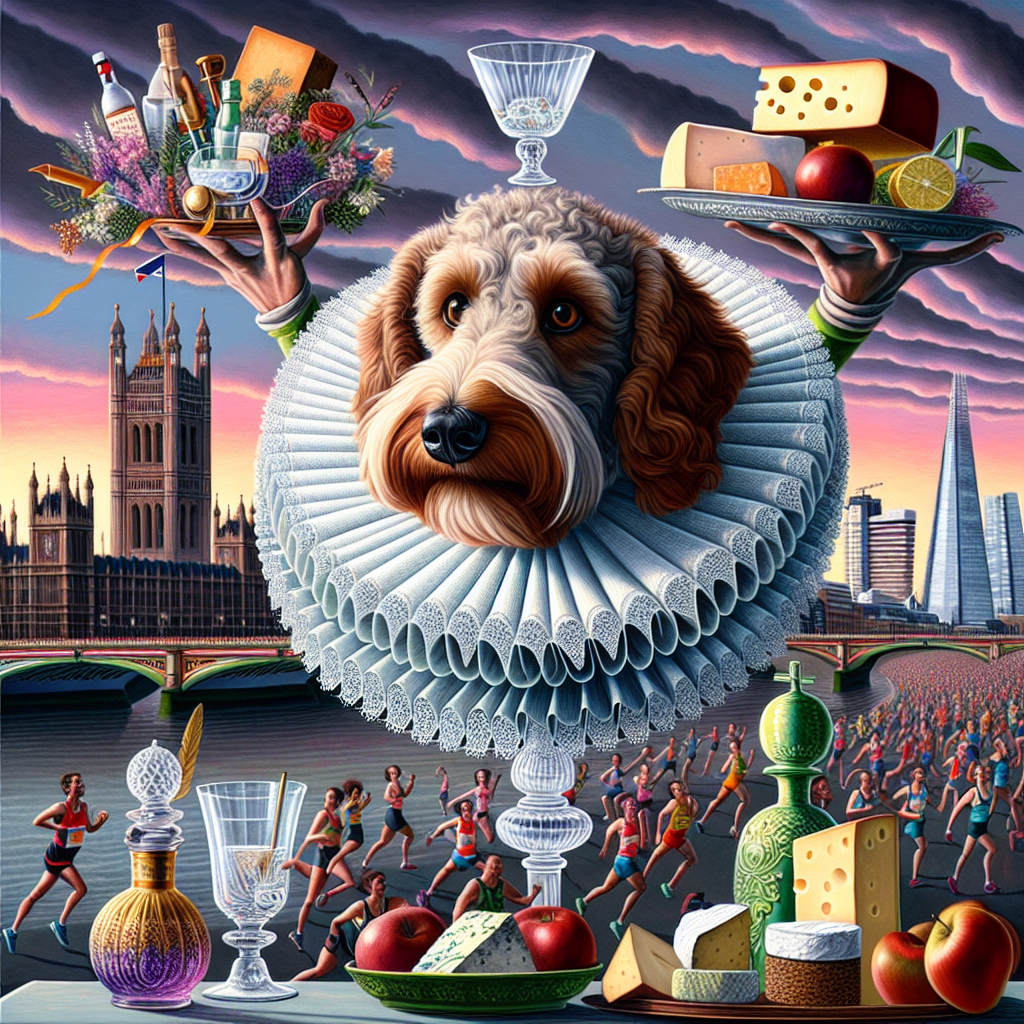 A whimsical surreal illustration that embeds the spirit of a birthday celebration in the middle of London. The central figure is a light brown cockapoo, donning a comically exaggerated Shakespearean ruff, dramatically positioned in an old-style theatre. The dog is enveloped by whimsically floating objects including a crystal gin decanter, a platter laden with an assortment of cheeses, and an antique coffee cup - each of them appearing in motion as if part of an invisible performance. In the backdrop, familiar London landmarks stand tall under a twilight sky, where the clouds part to uncover a radiant icon of a religious figure, shedding a peaceful gaze upon the scene. Lines of runners of diverse descents and both genders sprint along the Thames, leaving behind a vibrant rainbow of confetti.
Generated with these themes: Light brown cockapoo , Theatre , Gin, Cheese, Coffee, Running, London, and Jesus.
Made with ❤️ by AI.