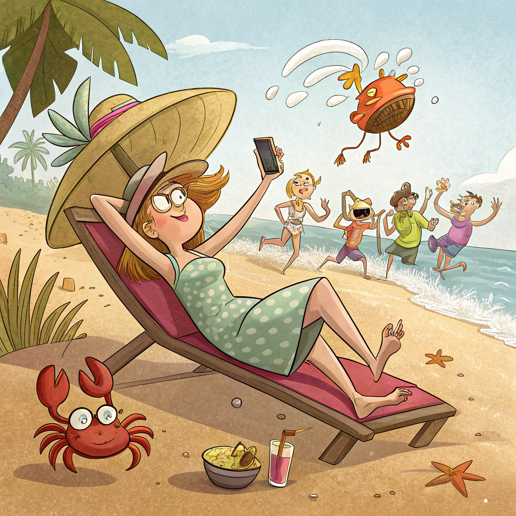 At the top of the image, "Nichola, just because life’s a beach doesn’t mean it can’t still kick sand in your face..."

- Depict a cartoon scene of Nichola on a tropical beach, sprawled on a sun lounger that has dramatically collapsed underneath her.
- Her sunhat is flying off mid-air, her fruity cocktail has launched skyward, and a sneaky crab nearby is holding her phone suspiciously.
- In the background, a group of blissful sunbathers toast coconuts, oblivious to her chaos.
- Add exaggerated expressions and slapstick humor to lighten the sympathy tone—think wide-eyed crabs, sunburnt coconuts, and overdramatic splashes.
- Optional detail: a tiny sign that says “Welcome to Rock Bottom Bay – Population: You.”
Generated with these themes: On holiday.
Made with ❤️ by AI.