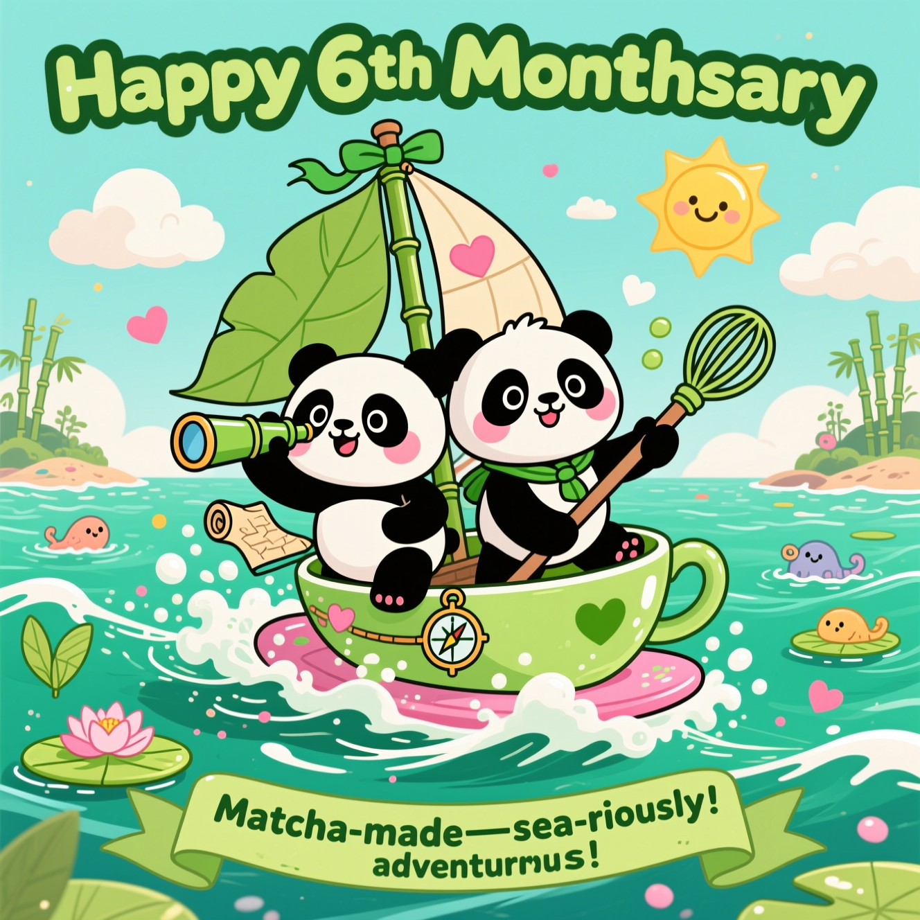 At the top of the Cartoon Style image, "Happy 6th Monthsary "

At the bottom of the image, "Matcha-made pandas—sea-riously adventurous!"

- Center scene: Two adorable panda sweethearts with oversized heads, tiny paws, and rosy cheeks balance on a giant matcha teacup-boat, surfing a sparkling jade-green sea of creamy matcha foam. One panda leans forward with a bamboo telescope, the other steers with an oversized matcha whisk like an oar—both in playful explorer poses.
- Adventure vibes: A leaf-shaped sail hoisted on a bamboo mast, a rolled treasure map tied with a green ribbon, a tiny compass dangling from a neck scarf, and splashing foam that pops into little heart shapes.
- Nature all around: Floating bamboo leaves like lily pads, friendly sea critters peeking from the waves, distant bamboo-clad islets, and fluffy cloud-hearts drifting by a golden, smiling sun.
- Style: Exaggerated proportions, thick black outlines, bright saturated colors. Palette leans green (matcha jade, mint, emerald) with creamy off-white foam, deep teal sea, and blush pink accents. Add glossy highlights and sparkly matcha dust for extra cute energy.
- Text styling: Top headline in bold, bubbly letters—creamy fill with deep-green outline and a soft drop shadow; bottom punch-line on a playful ribbon banner or foam-curl, in bright green with a darker outline for readability.
Generated with these themes: Panda, green, adventure, Sea, nature,, Matcha, and .
Made with ❤️ by AI.