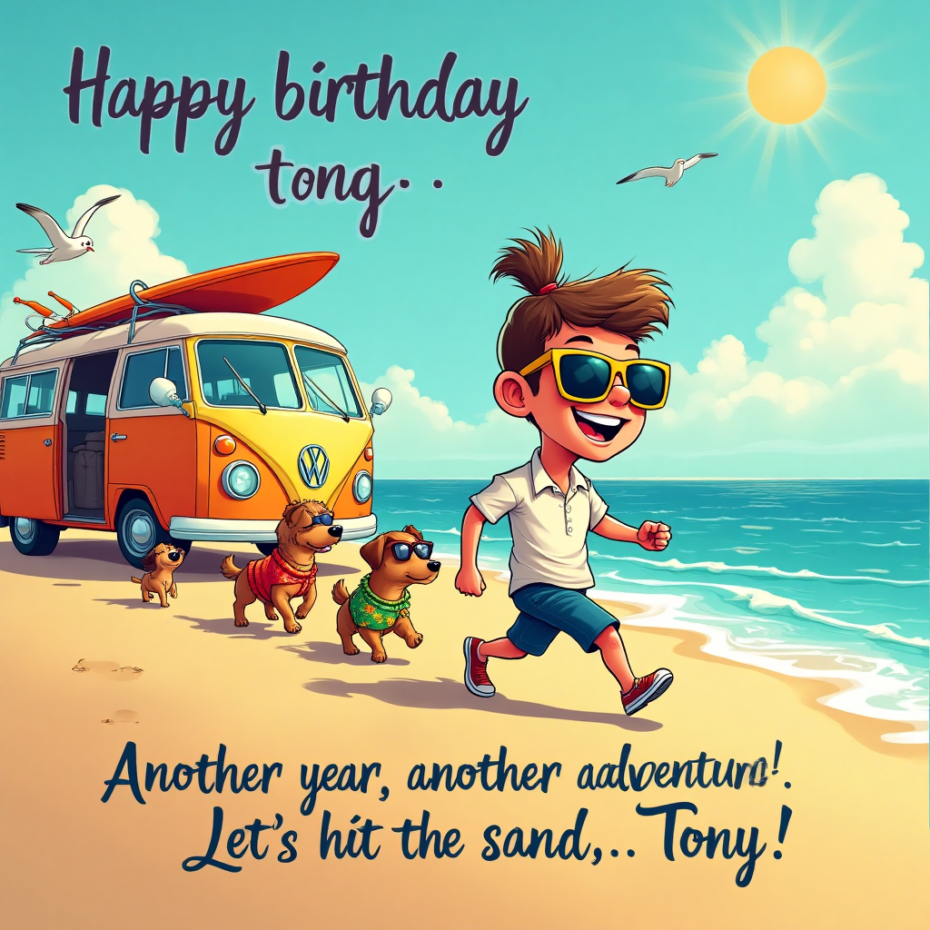 At the top of the Cartoon Style image, write: "Happy birthday Tony"

**Image Description:**

A vibrant, cartoon-style scene unfolds on a sunlit beach. A quirky character with a man bun strides energetically along the sandy shore. His exaggerated features include oversized sunglasses and a cheeky grin. Behind him, a comical parade of dogs, each sporting a unique accessory – one in a Hawaiian shirt, another with a tiny surfboard, and yet another wearing sunglasses – follows his every step.

In the background, a whimsical camper van, painted in a riot of colors, is parked at the edge of the beach. Its door is wide open, revealing a surfboard leaning casually inside. The ocean sparkles under the bright sun, and seagulls hover playfully in the sky.

At the bottom of the image, in playful, curly text, add the caption: "Another year, another adventure! Let's hit the sand, Tony!"
Generated with these themes: Man bun, Walking, Dogs, Beach, Camper van , and .
Made with ❤️ by AI.