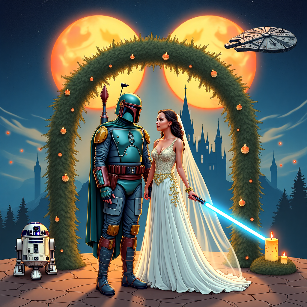 A breathtaking cosmic wedding setting where the magic of Harry Potter meets the adventure of Star Wars. Hogwarts Castle floats in the distance, its towers silhouetted against a starry sky, while the Millennium Falcon streaks past twin suns.  The groom, clad in Boba Fett’s Mandalorian armor with elegant silver and gold accents, stands proudly, his helmet tucked under one arm. He reaches out to his bride, who wears a stunning wedding gown inspired by Harry Potter—flowing white with delicate embroidery of golden Snitches and swirling patterns resembling Marauder’s Map footprints. A shimmering Hogwarts crest is subtly woven into the fabric near her heart. In her hand, she holds a wand entwined with a mini lightsaber hilt, glowing softly with both magic and the Force.  Their wedding arch is an enchanting fusion of lightsabers and enchanted vines, softly pulsing with blue and green hues. Floating candles from Hogwarts hover around them, casting a warm glow. At their feet, the Deathly Hallows symbol and the Rebel Alliance insignia are subtly etched into the ground, symbolizing their bond.  To the side, R2-D2 beeps excitedly as he projects a hologram of the couple’s wedding vows, while a mischievous Golden Snitch flits around, carrying a tiny wedding ring.  Above them, golden floating script shimmers in the air, reading: "Across Galaxies & Through Every Spell—Together, Always." Wedding Card