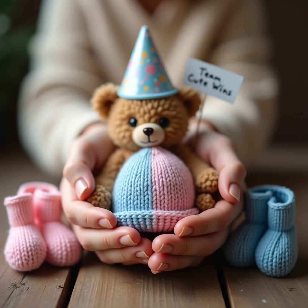 At the top of the realistic photograph image, "gender reveal just dropped... it’s cuteness overload!"

A warm, softly lit, realistic photograph of a tiny knitted baby hat nestled in a pair of gentle, cupped adult hands — the hat is half pink and half blue, stitched together in a heart shape where the colors meet. A soft, out-of-focus background shows tiny baby booties in both pink and blue on either side of a rustic wooden table. A single teddy bear in the center wears a party hat and holds a tiny sign that reads, “Team Cute Wins!” Gentle natural light filters through, creating a cozy and serene atmosphere that radiates warmth, joy, and love.
Generated with these themes: gender reveal.
Made with ❤️ by AI.