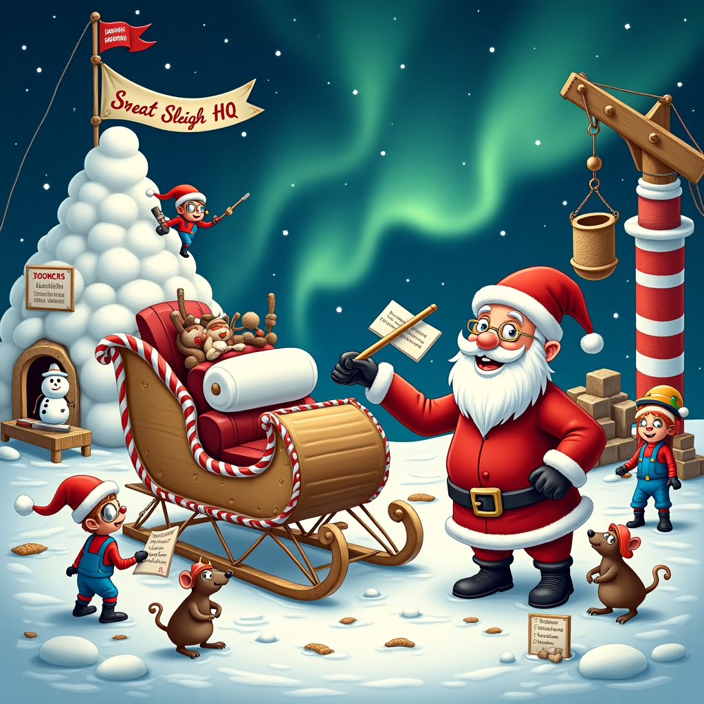 The scene is a whimsical construction site at the North Pole, where Santa and his team of elves are hard at work on their latest project: the "Great Sleigh Makeover." The setting is a snowy landscape under a starry night sky, with the Northern Lights casting a magical glow. In the foreground, Santa, dressed in a red hard hat and overalls, holds a blueprint while pointing animatedly at a half-assembled, turbo-charged sleigh. The sleigh is perched on a wooden scaffold, with curious gadgets and gizmos protruding from its sides, including a candy cane exhaust pipe and reindeer-powered engines.

Around Santa, several elves are scattered across the scene, each engaged in different construction tasks. One elf, wearing oversized safety goggles, is using a gingerbread hammer to nail together a section of the sleigh. Another elf, balancing precariously on a ladder, is using a paintbrush dipped in what appears to be shimmering, silver paint (actually, fairy dust) to paint the sleigh’s new go-faster stripes. Nearby, an elf in a blue jumpsuit operates a crane fashioned from candy canes and licorice ropes, hoisting a giant marshmallow cushion into the sleigh’s cockpit.

In the background, a towering pile of snowballs has been converted into a temporary workshop, complete with candy-striped pillars and twinkling fairy lights. A sign above the entrance reads "Santa's Sleigh HQ" in curly, red and green letters. To the side, a pair of reindeer in hard hats are overseeing the operation, one of them holding a clipboard with a checklist that includes items like "Reindeer-friendly seat warmers" and "GPS (Gingerbread Positioning System)." 

Scattered throughout the scene are playful details: a mischievous snowman with a traffic cone hat is peeking out from behind a tool shed made of gingerbread, while a team of mice is busy using a cookie as a circular saw blade. Above, a banner flutters in the wind, reading "Christmas Construction in Progress - Caution: Holiday Cheer Ahead!" The entire scene is a delightful blend of construction chaos and holiday magic, ready to bring laughter and joy to anyone who receives the card.
Generated with these themes: construction.
Made with ❤️ by AI.
