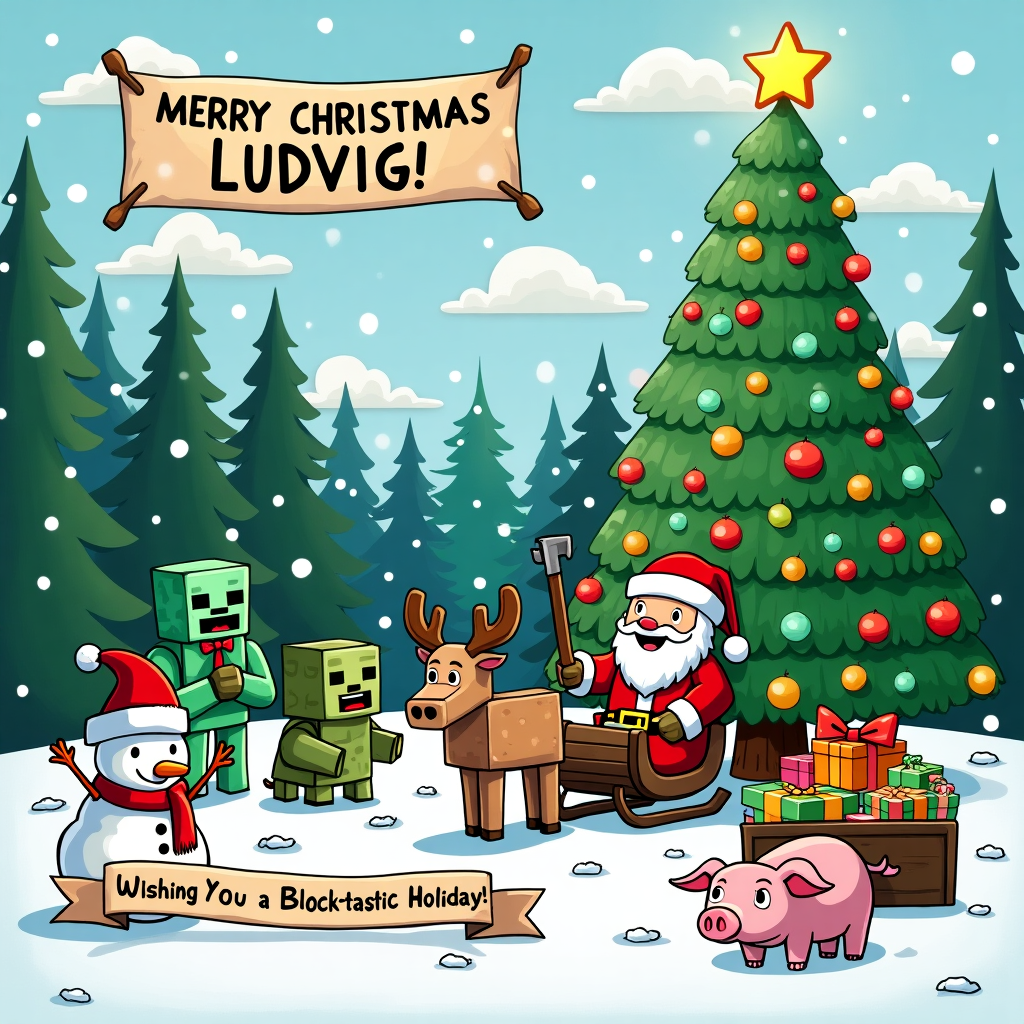 In this imaginative Christmas card design, picture a whimsical scene that merges the world of Minecraft with festive holiday cheer, inspired by the playful storytelling of Bill Watterson and the quirky humor of Gary Larson. The setting is a snowy Minecraft landscape where blocky pixelated pine trees are adorned with colorful, oversized Christmas ornaments and twinkling lights. At the center of the scene, a group of Minecraft characters, including a smiling Creeper wearing a Santa hat and a joyful blocky Snow Golem, are gathered around a large Christmas tree made entirely of emerald blocks, giving it a green, glistening sheen.

On the top of the tree, instead of a traditional star, a glowing, pixelated star made of gold blocks shines brightly. To the side, a Minecraft version of Santa Claus—complete with a red and white pixelated suit—is riding in a sled pulled by reindeer, whose antlers are humorously made of Minecraft pickaxes. The sled is loaded with brightly wrapped presents, all featuring distinct blocky shapes.

In the sky, fluffy clouds spell out "MERRY CHRISTMAS, LUDVIG!" in a playful, bold font, each letter appearing as if made from pixel clouds. In the foreground, a pair of friendly Endermen, donning reindeer antlers, are holding a large banner that reads "Wishing You a Block-tastic Holiday!" with snowflakes delicately falling around them.

On the snowy ground, a snowman built from square snow blocks wears a red scarf and carrot nose, with a funny twist—his arms are made from sticks that resemble Minecraft torches, glowing softly. Nearby, a crafty pig is dressed in a tiny elf costume, complete with a pointy hat and bells on its hooves, gleefully sitting next to a chest filled with candy canes and gingerbread cookies. The whole scene is a delightful blend of Minecraft's pixelated charm and the joy of Christmas, creating a uniquely charming holiday greeting for Ludvig.
Generated with these themes: Minecraft.
Made with ❤️ by AI.