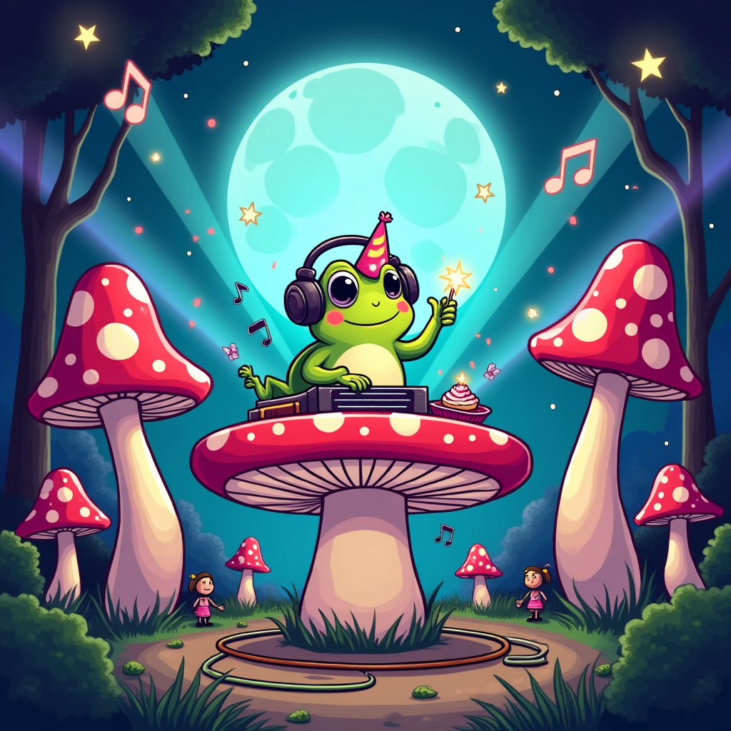 At the top of the Cartoon Style image, Is it rave day ?

Cute, playful cartoon scene with thick outlines and bright, saturated colors: in a moonlit forest clearing turned into a mini rave, a chubby big-eyed frog DJ bounces atop a giant red-and-white toadstool DJ booth. The frog wears oversized headphones and a tiny party hat, one hand in the air, the other scratching a lily-pad turntable beside a little cupcake with a sparkler. Around the stage, smiling mushroom characters boogie with glow sticks; towering mushrooms act as speakers with glowing caps and bouncing faux equalizer bars. Neon cyan, magenta, and lime lasers sweep the scene; fireflies trace glittering light trails; confetti and music-note sparkles float. Composition: portrait, large central character; subtle starry gradient sky with clear negative space at the top for the caption; foreground mushrooms and cables framing the bottom. Style: exaggerated proportions, whimsical expressions, energetic poses, bouncy motion lines, soft shading, glossy highlights, and a gentle neon rim light in a clean vector look. Render the caption as small, bubbly hand-lettering in white with a neon green outline; include no other text or logos.
Generated with these themes: Frog , Mushroom , Dj , and .
Made with ❤️ by AI.