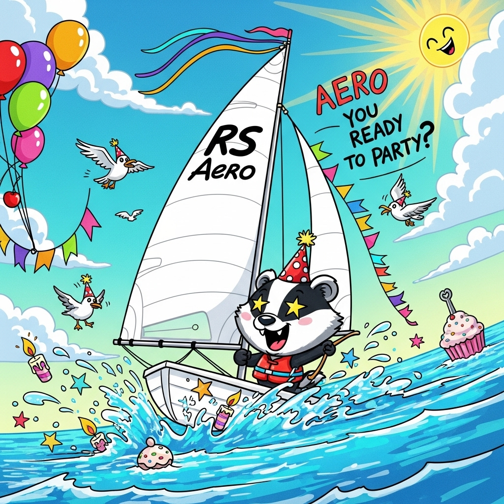 Playful cartoon scene with exaggerated proportions, thick black outlines, and bright saturated colors: A jubilant, big-headed badger with twinkly eyes, a huge grin, tiny life jacket, and a polka-dot party hat is skippering an RS Aero dinghy across a sparkling turquoise lake. The sleek white sail (stylized “RS Aero” near the top) billows dramatically as the boat planes over candy-colored waves; splashes burst into confetti stars and little candle shapes with glossy highlights. Streamers flutter from the mast, balloon bunting trails from the boom, and a cupcake-shaped buoy bobs nearby while seagulls in party hats cheer. Dynamic low-angle three-quarter view with wide-lens energy, swooshy motion lines, and playful cel shading. Sky in vivid cobalt and aqua with puffy balloon-like clouds and a smiling sun raying warm yellows; palette pops with cherry red, bubblegum pink, lime, and tangerine accents. Add a small, cheeky hand-lettered caption arcing in the sky, bold bubbly letters with a chunky outline and subtle drop shadow: “AERO you ready to party?”
Generated with these themes: Badger RS Aero, and .
Made with ❤️ by AI.