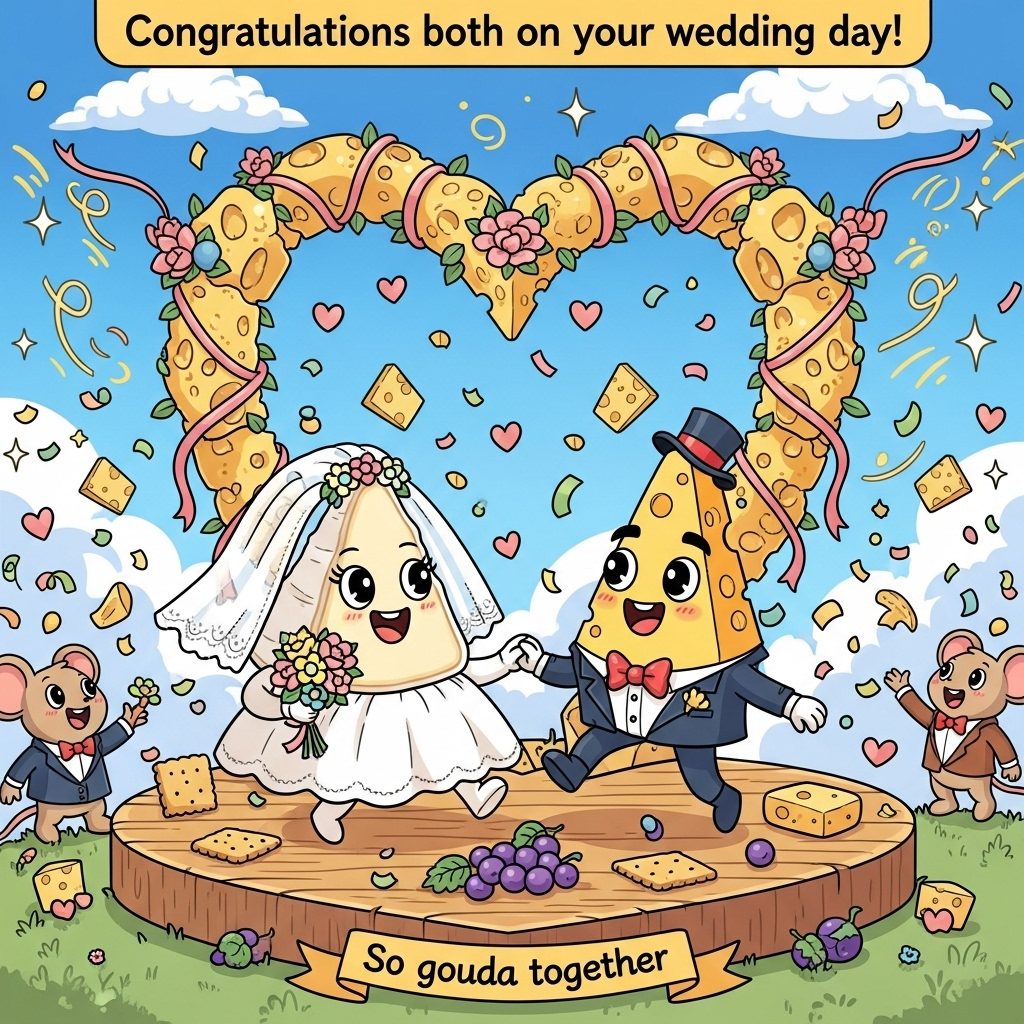Cheese, love, happy couple, and Wedding Card