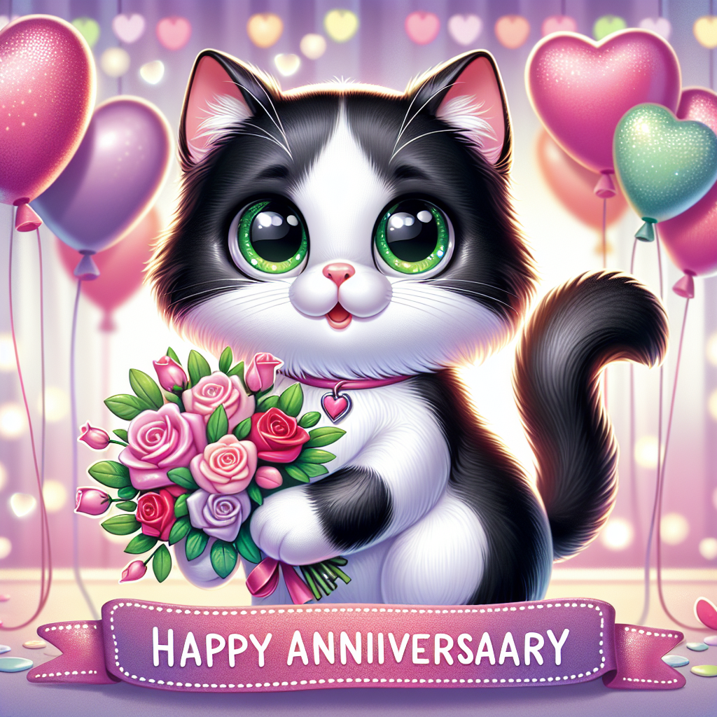 Create a heartwarming cartoon image featuring a black and white domestic shorthair cat with dazzling green eyes. The cat is standing upright on its hind legs in an environment filled with softly illuminated heart-shaped balloons. In its front paws, the cat holds a small bouquet of pink and red roses, presenting them with a gentle smile on its face. Above the cat, a vibrant banner proudly displays the words 'Happy Anniversary' in whimsical yet stylish, pastel-colored letters.
.
Made with ❤️ by AI.