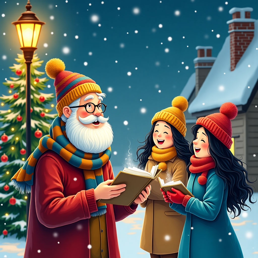 One man with white hair, no beard, a hat, small mustache, glasses, red yellow blue scarf  posing in a choir conductor , One man no beard with red knitted hat, One woman with long black hair and yellow knitted hat, One woman with long black hair and dark blue knitted hat, Singing carols on a winter snowing night with a Christmas tree in background and an old street lamp, and Four person in total Christmas Card